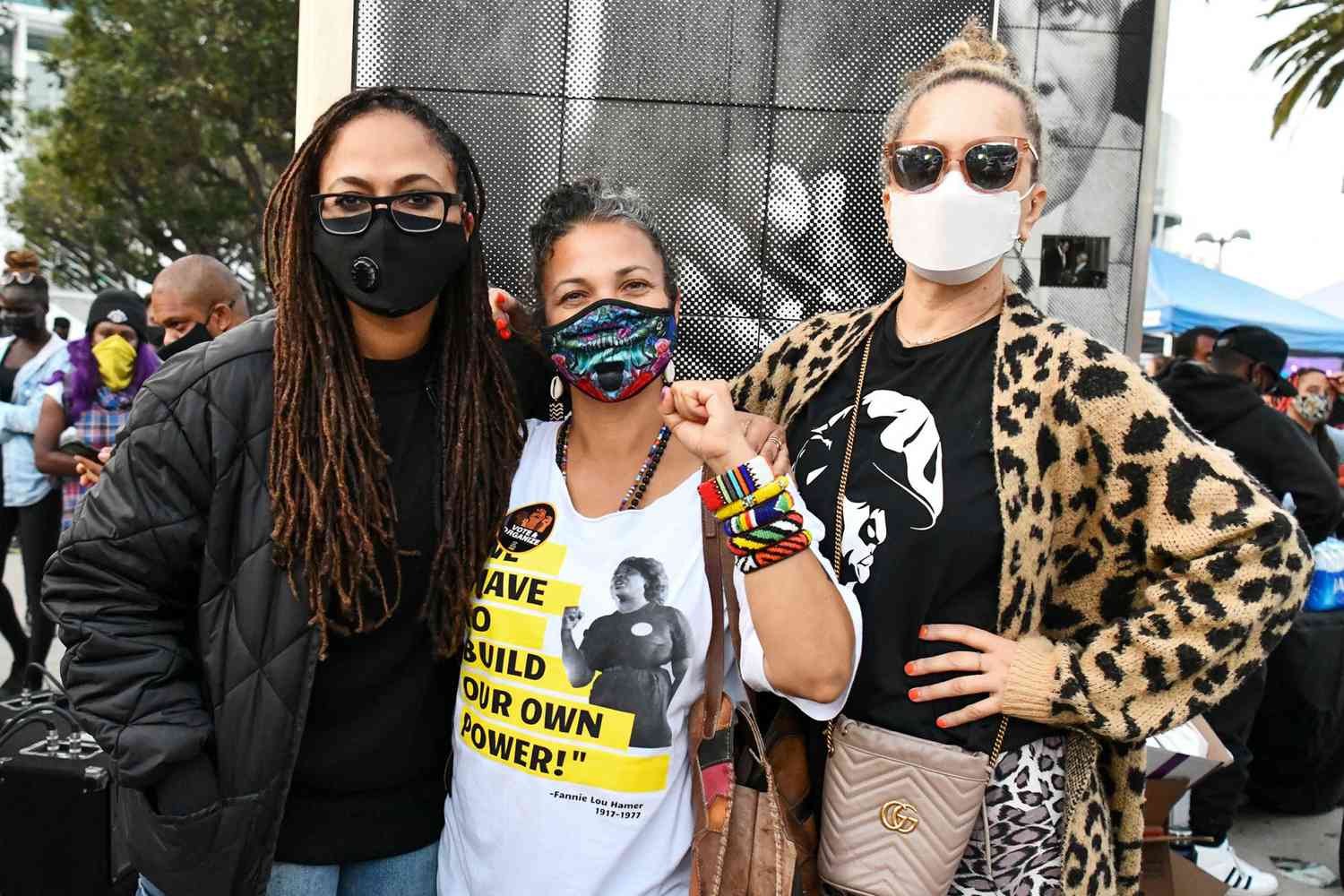 Ava DuVernay, BLM LA co-founder Melina Abdullah, and Victoria Mahoney pose for portrait at Black Lives Matter Los Angeles Hosts Election Day Marathon Party At The Polls at Staples Center on November 03, 2020