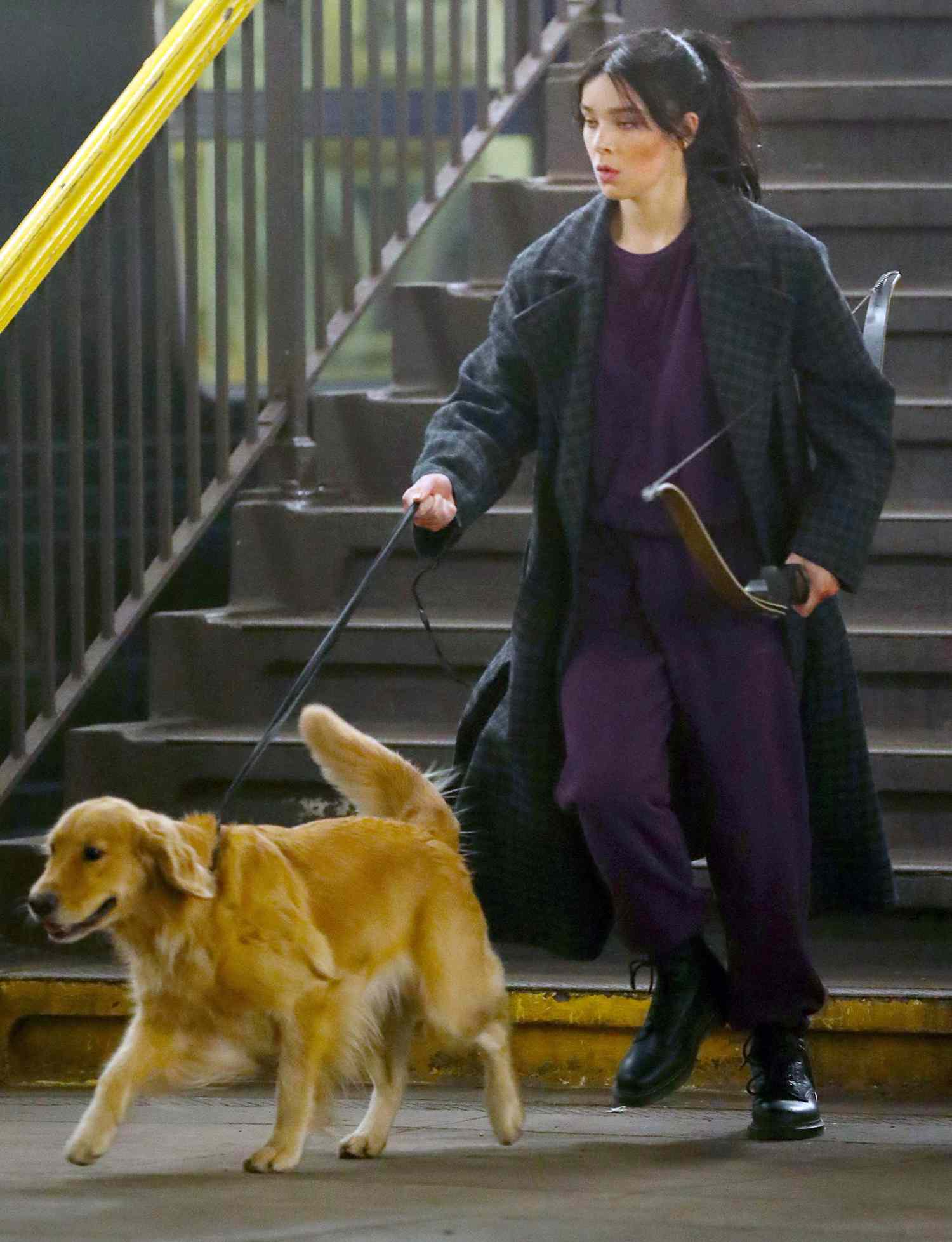 Hailee Steinfeld as 'Kate Bishop' and Jeremy Renner on set of 'Hawkeye' in New York City.