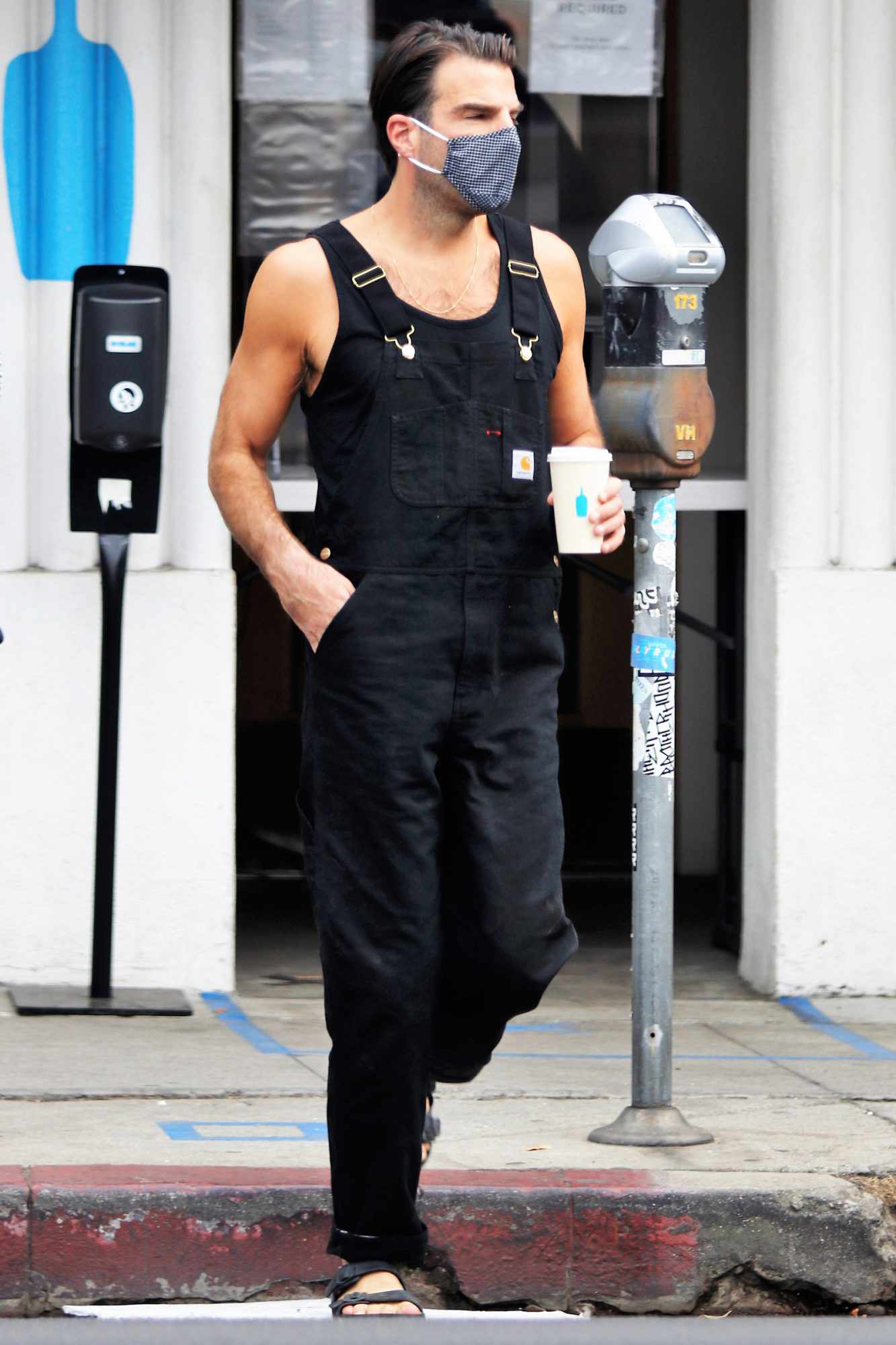 Zachary Quinto Goes Shirtless Under His Overalls on LA Coffee Run