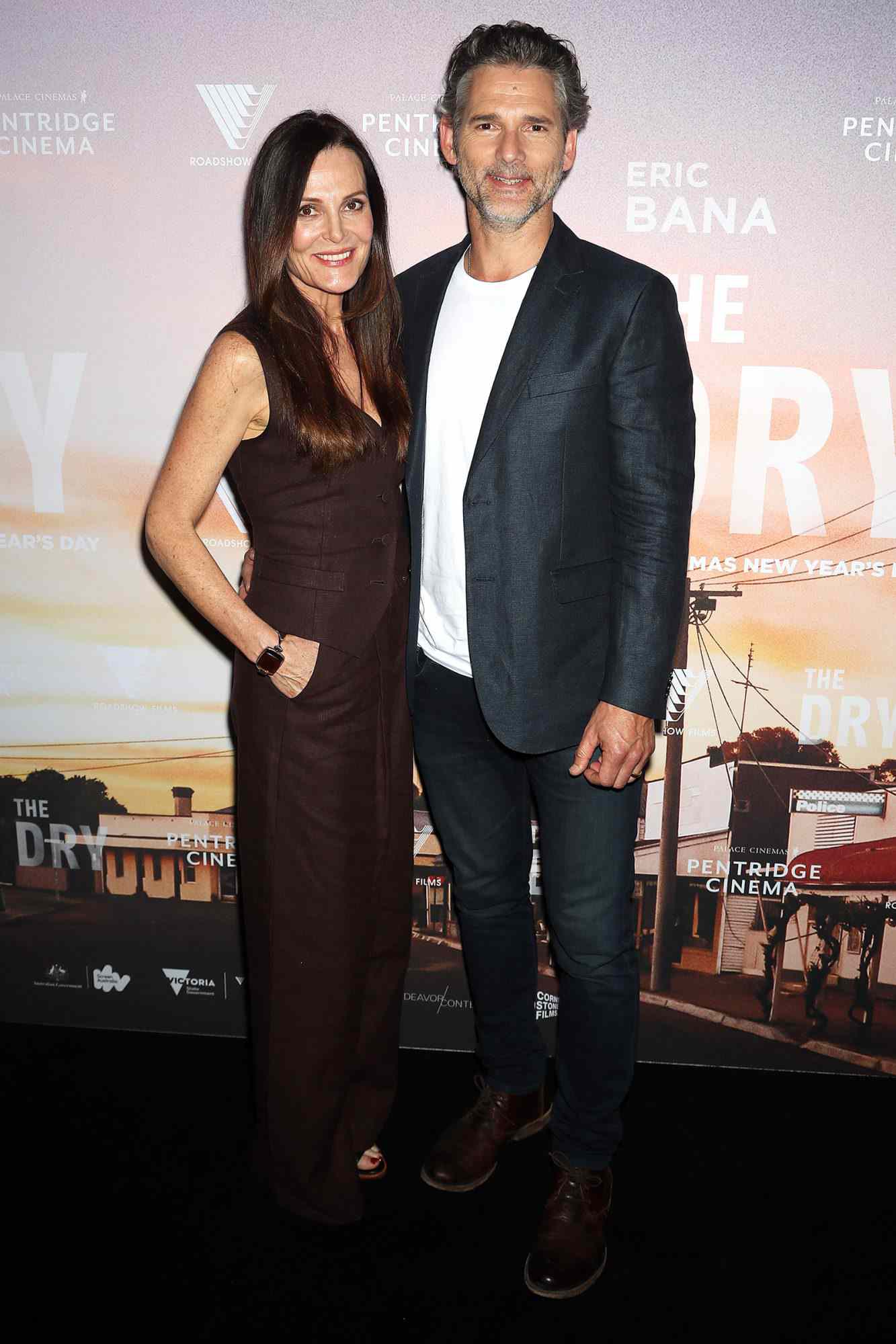 Eric Bana (R) and his wife Rebecca Bana attend the Australian premiere of The Dry at Pentridge Cinema on December 11, 2020