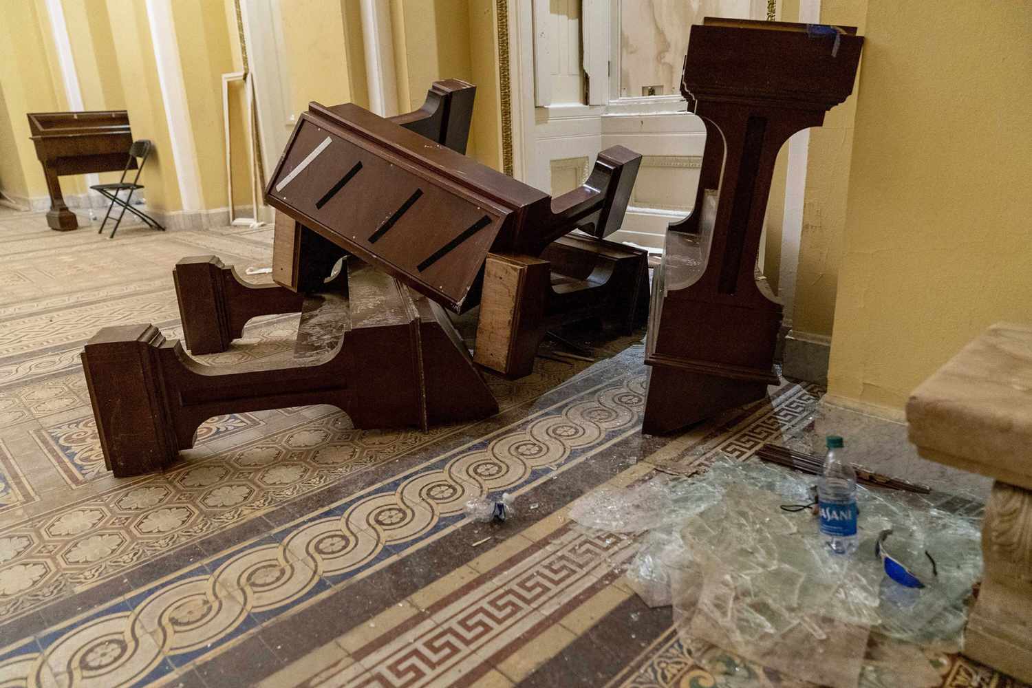 Damage is visible in the hallways in the early morning hours of, after protesters stormed the Capitol in Washington