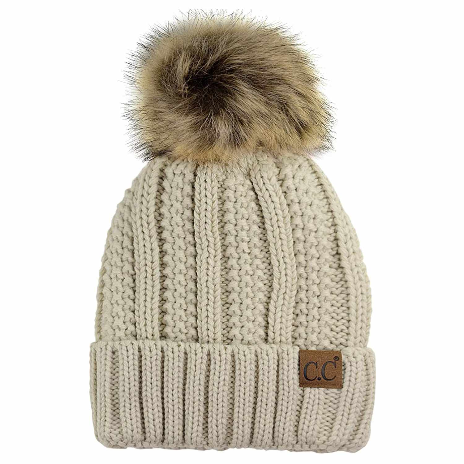Winter Real Fur Pom Beanie Hat Warm Oversized Chunky Cable Knit Slouch Beanie Hats for Women