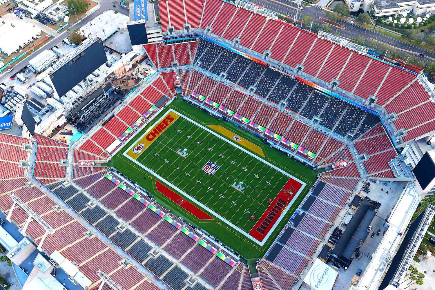An aerial view of Raymond James Stadium ahead of Super Bowl LV on January 31, 2021 in Tampa, Florida