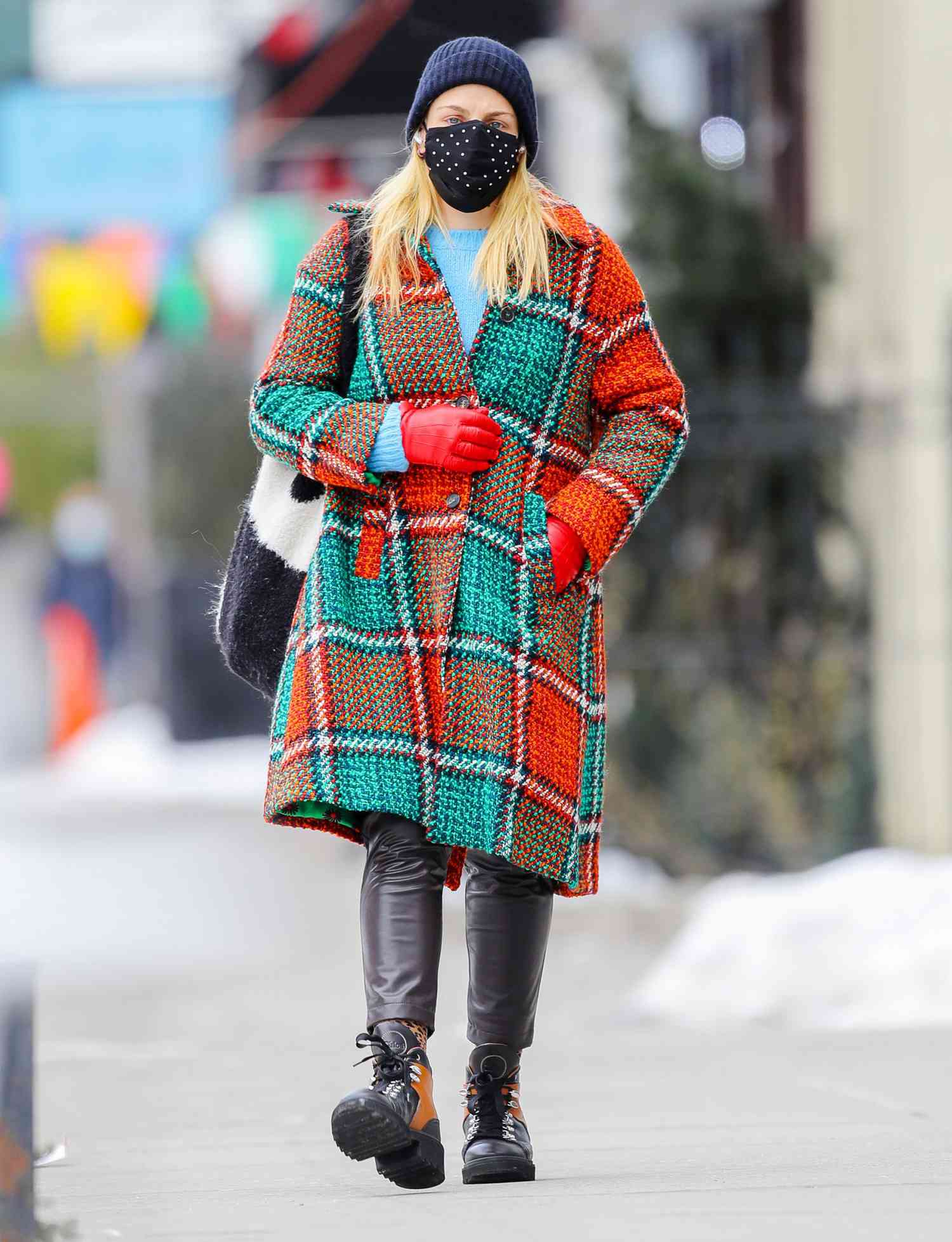 Busy Philipps Looks Stylish While Wearing Check Multicolor In Twisted Wool Coat With A Matching Red Leather Gloves In New York City