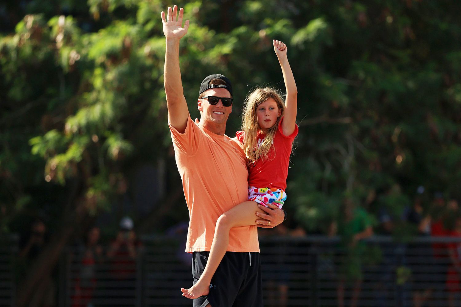 Tom Brady #12 of the Tampa Bay Buccaneers celebrates with his daughter Vivian during the Tampa Bay Buccaneers Super Bowl boat parade on February 10, 2021 after defeating the Kansas City Chiefs 31-9 in Super Bowl LV in Tampa, Florida