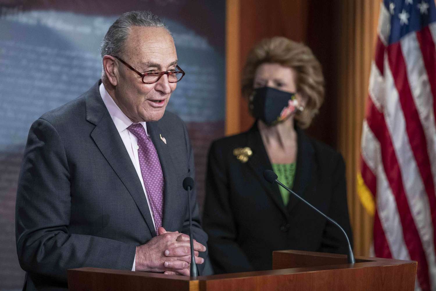 Senate Majority Leader Chuck Schumer delivers remarks during a press conference following the Senate Democratic policy luncheon in the US Capitol in Washington, DC, USA 02 March 2021