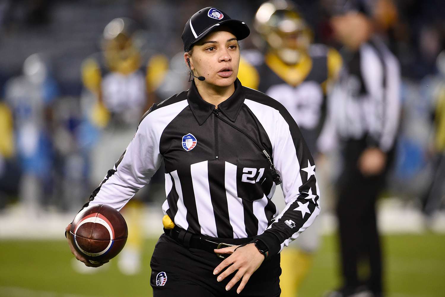 Referee Maia Chaka officiates while the Salt Lake Stallions and the San Diego Fleet play in the Alliance of American Football game at SDCCU Stadium on March 09, 2019 in San Diego, California