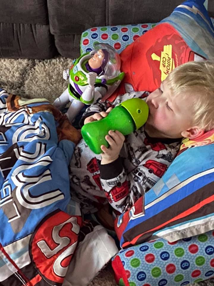 Ashley Davis&rsquo;s son Hagen and his Buzz Lightyear toy