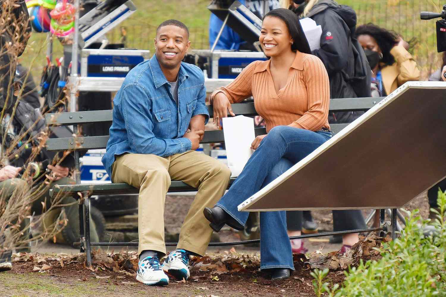 Michael B. Jordan and Chante Adams seen on the set of "Journal for Jordan" in Central Park on March 25, 2021 in New York