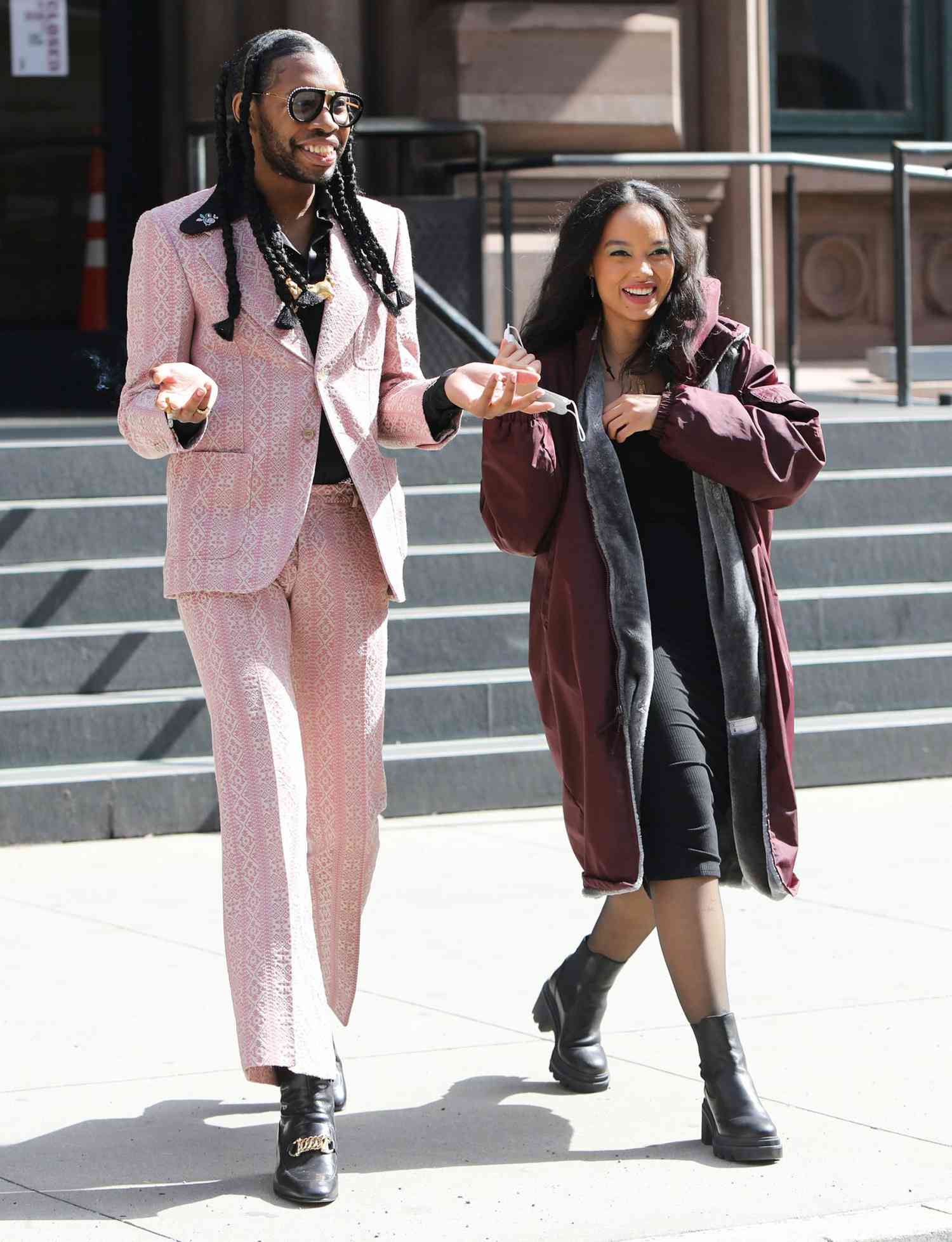 Jeremy O. Harris and Whitney Peak are seen on the set of "Gossip Girl" on March 23, 2021 in New York City