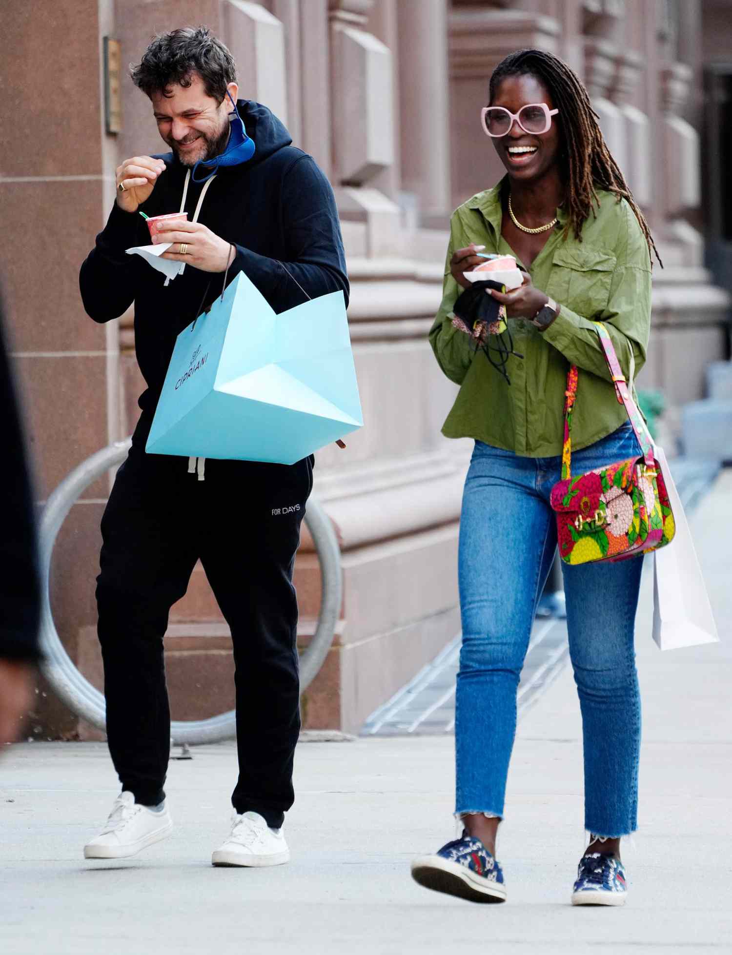 Joshua Jackson and Jodie Turner-Smith are seen laughing and walking in Soho on April 05, 2021 in New York City