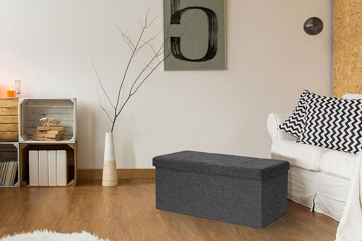 Otto & Ben Folding Toy Box Chest with SMART LIFT Top Linen Fabric Ottomans Bench Foot Rest