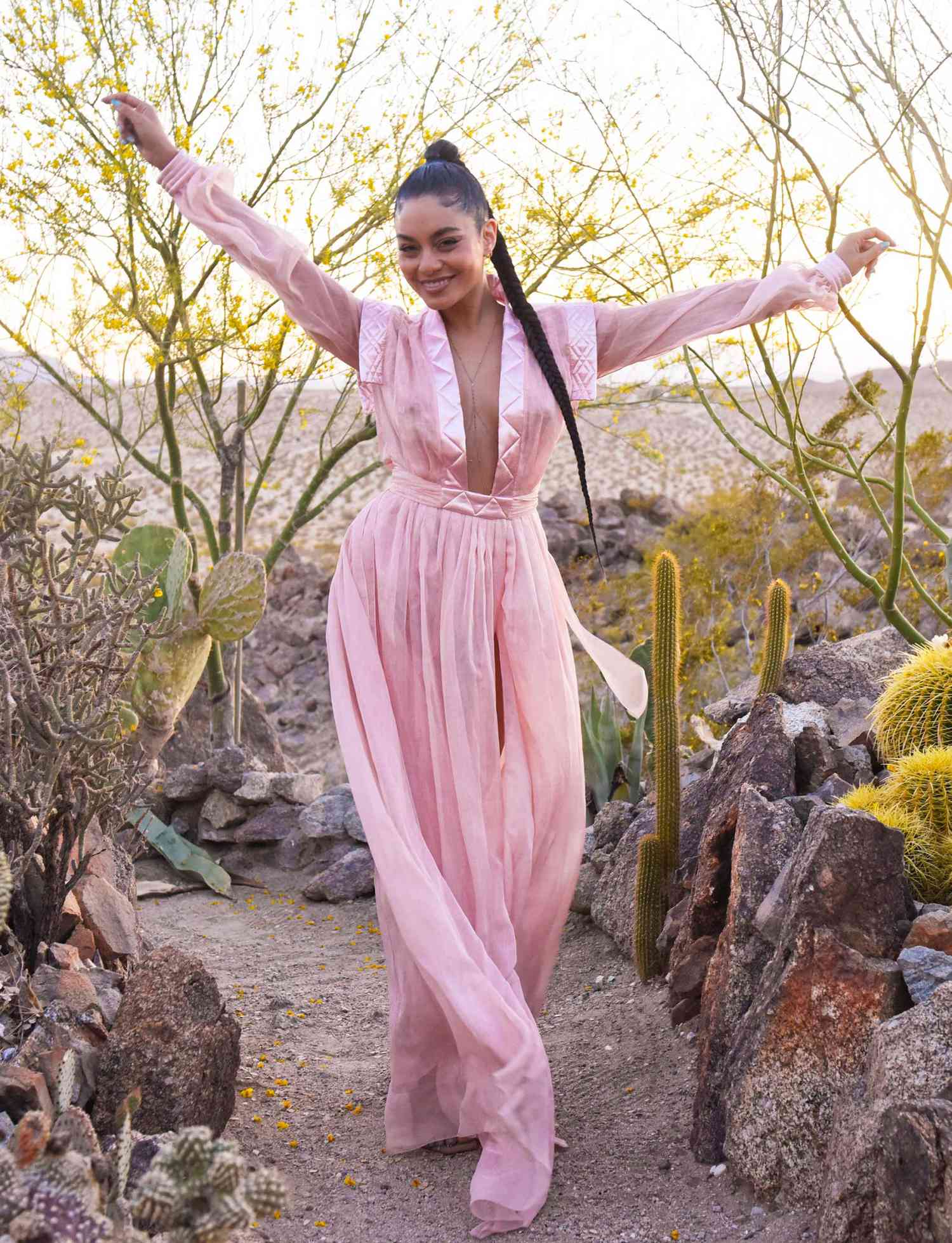 Vanessa Hudgens attends Vanessa Hudgens And Oliver Trevena Host 'Caliwater Escape' In Joshua Tree at the Mojave Moon Ranch to celebrate their new cactus water beverage Presented By Outdoorsy on April 30, 2021 in Joshua Tree
