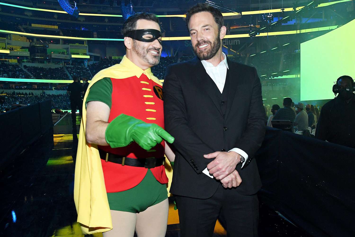 Jimmy Kimmel (in costume as Robin) and Ben Affleck backstage during Global Citizen VAX LIVE: The Concert To Reunite The World at SoFi Stadium in Inglewood, California. Global Citizen VAX LIVE: The Concert To Reunite The World will be broadcast on May 8, 2021