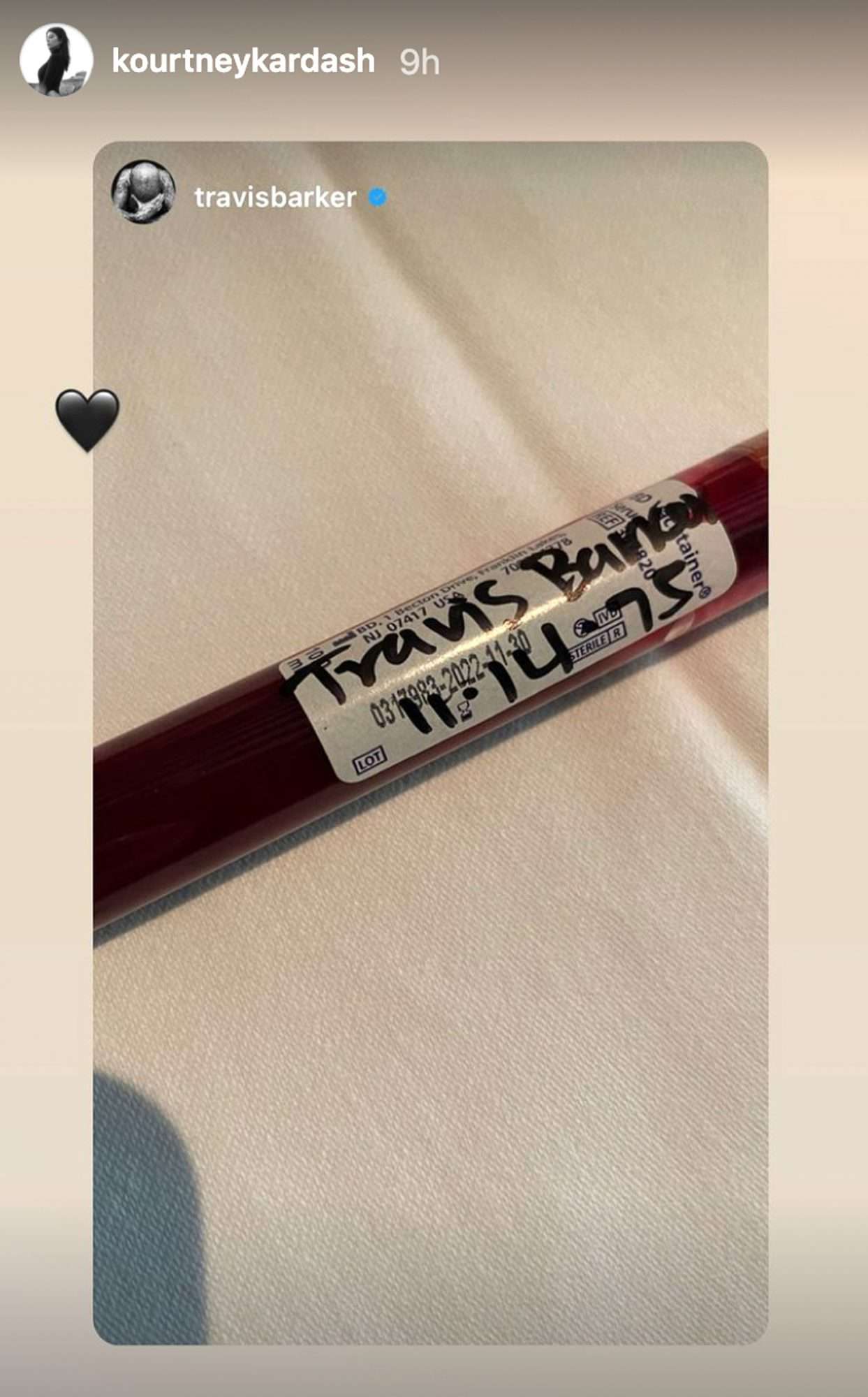 Travis Barker Vial of blood on instagram