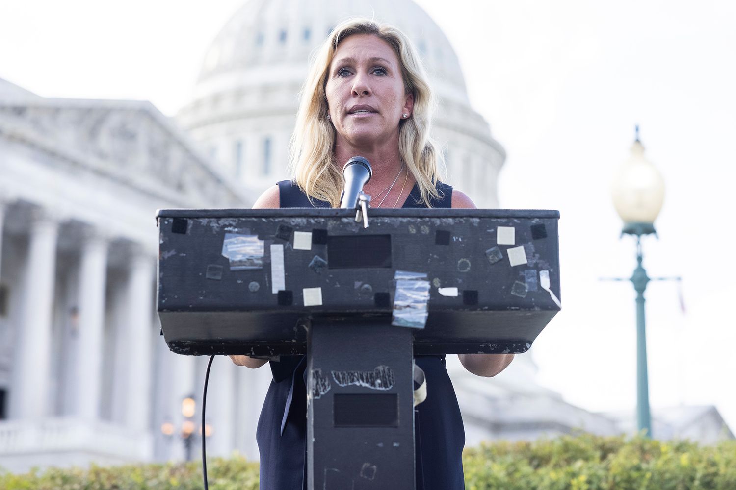 Republican Representative from Georgia Marjorie Taylor Greene holds a press conference to say she visited the Holocaust Museum and wanted to express remorse for comparing mask-wearing to the Holocaust outside the US Capitol in Washington, DC, USA, 14 June 2021