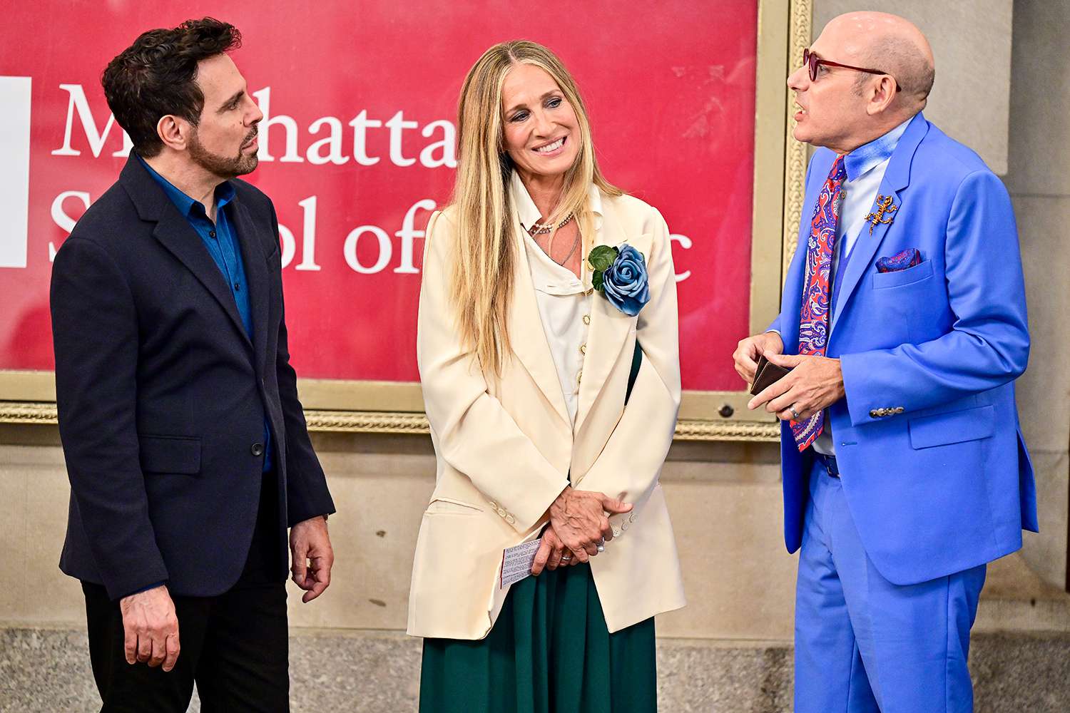 Mario Cantone, Sarah Jessica Parker and Willie Garson seen on the set of "And Just Like That..." the follow up series to "Sex and the City" at the Lyceum Theater on July 24, 2021 in New York City.