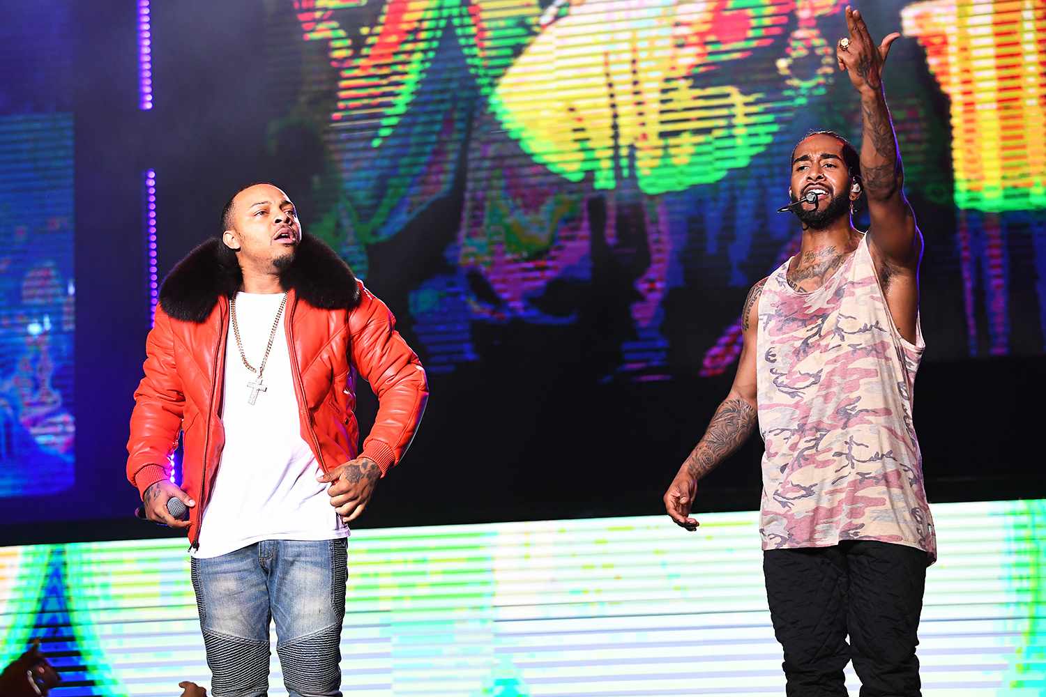 Bow Wow and Omarion of B2K perform onstage during The Millennium Tour at State Farm Arena on April 05, 2019 in Atlanta, Georgia.