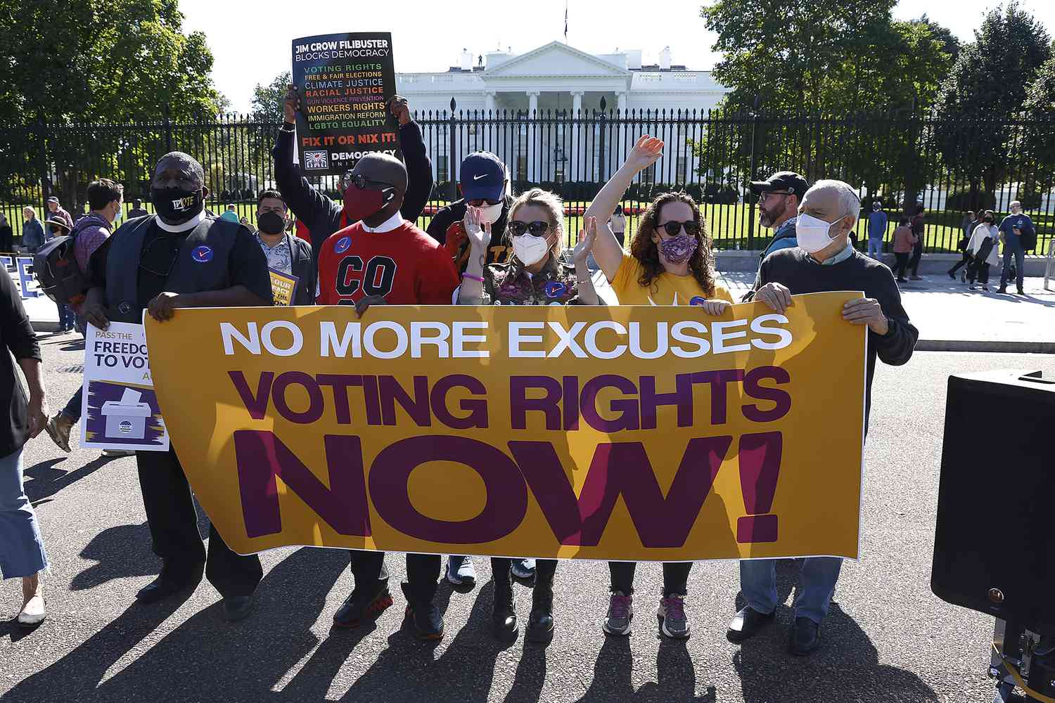 Pastor Fee-Rell Malone, Rev Jamal Bryant, actress and activist Alyssa Milano, Jana Morgan and Rabbi David Saperstein attend the "No More Excuses: Voting Rights Now" rally