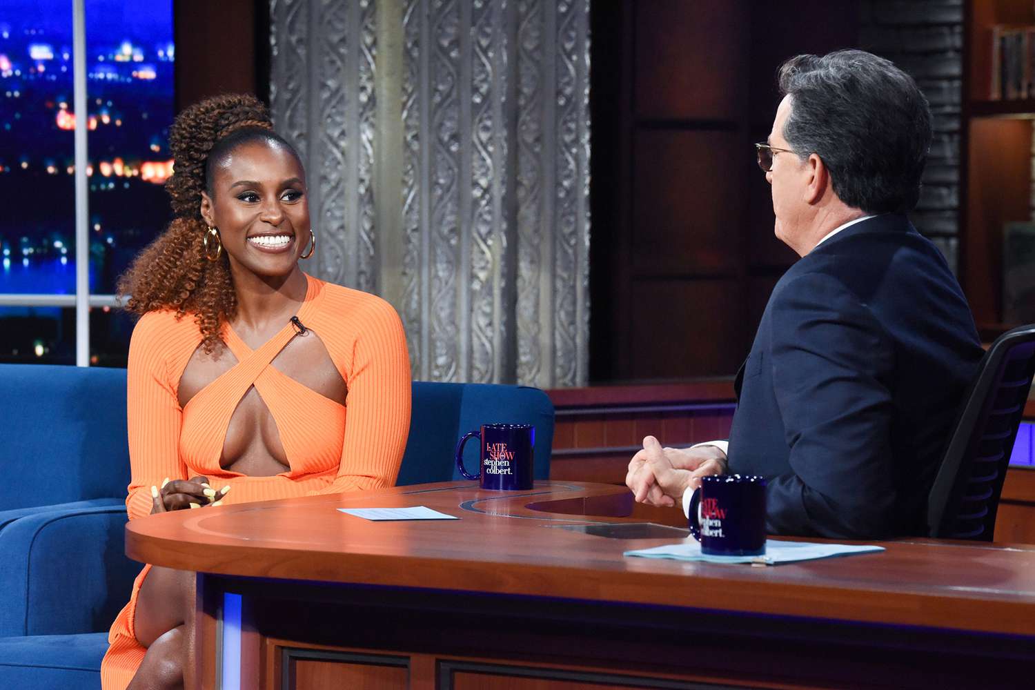 The Late Show with Stephen Colbert and guest Issa Rae during Wednesday's October 20, 2021 show. Photo: Scott Kowalchyk/CBS ©2021 CBS Broadcasting Inc. All Rights Reserved.