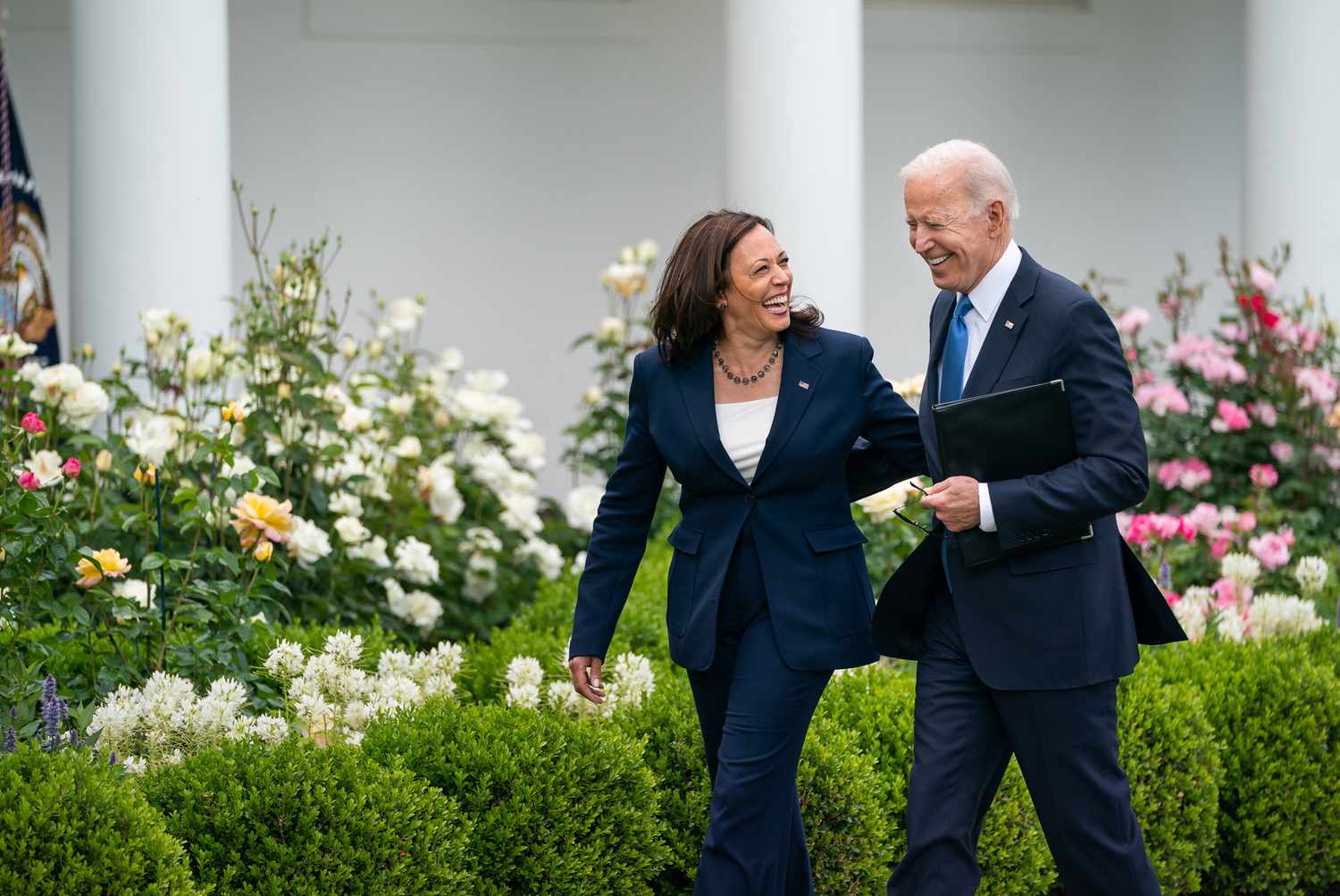 President Joe Biden, joined by Vice President Kamala Harris, after delivering remarks on the CDC’s updated guidance on mask wearing for vaccinated individuals Thursday, May 13, 2021, in the Rose Garden of the White House.