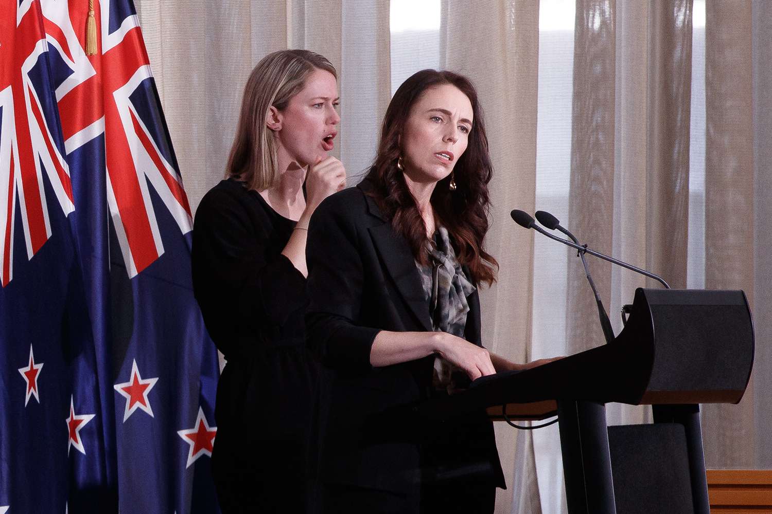 Prime Minister Jacinda Ardern introduces a new traffic light system when dealing with Covid-19 onwards the Banquet Hall in Parliament on October 22, 2021 in Wellington, New Zealand.