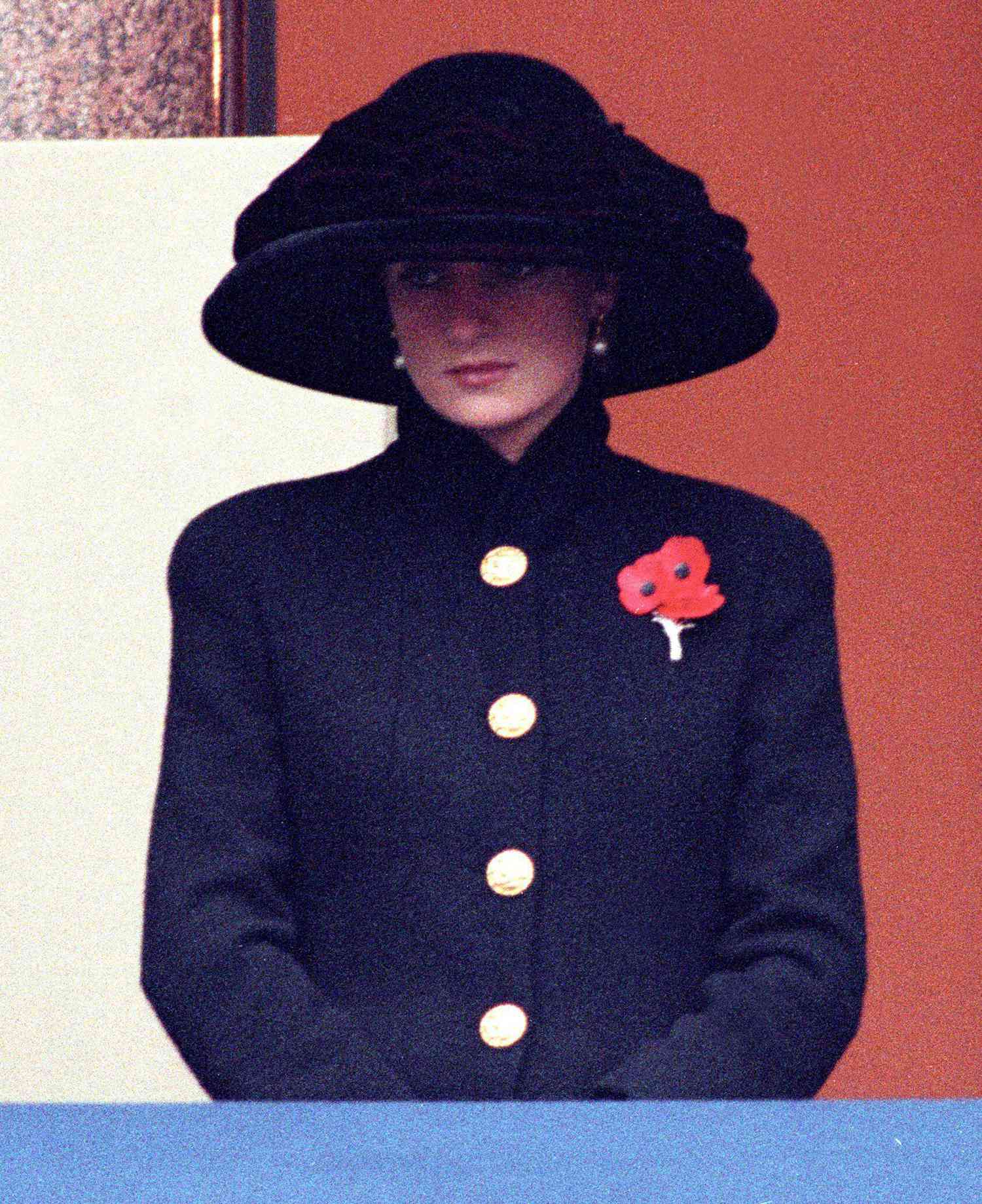 The Princess of Wales watches the parade in front of the Cenotaph to mark Remembrance Sunday November 8, 1992