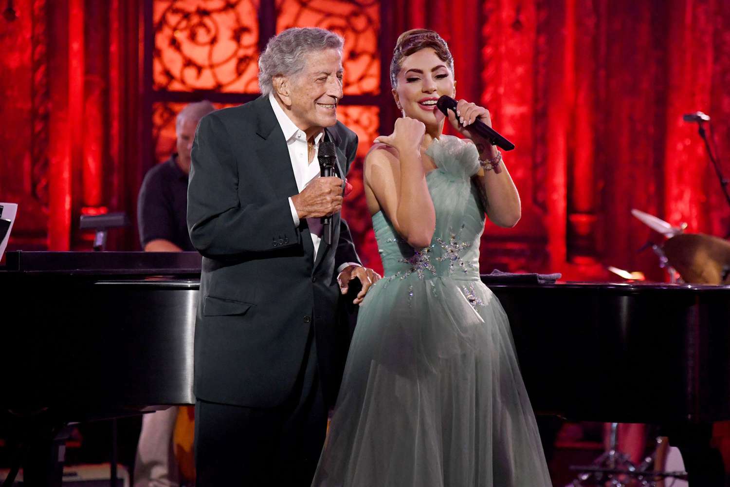 NEW YORK, NEW YORK - NOVEMBER 28: (Exclusive Coverage) In this image released on November 28, Tony Bennett and Lady Gaga perform on stage during MTV Unplugged: Tony Bennett & Lady Gaga at the Angel Orensanz Center in New York City. MTV Unplugged: Tony Bennett & Lady Gaga will air Thursday, Dec. 16, at 9 p.m. ET on MTV in the U.S. and across its global platforms. (Photo by Kevin Mazur/Getty Images for ViacomCBS)