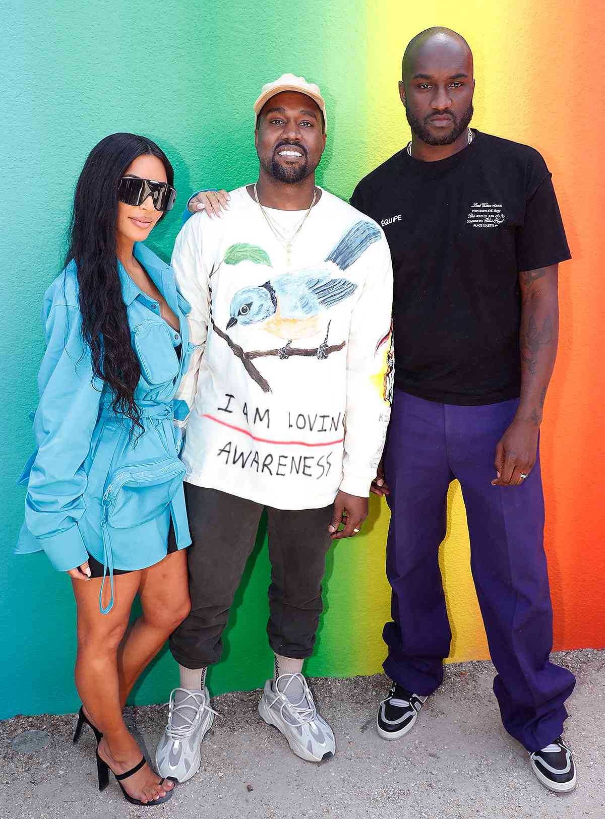Kim Kardashian, Kanye West and Stylist Virgil Abloh pose after the Louis Vuitton Menswear Spring/Summer 2019 show as part of Paris Fashion Week on June 21, 2018