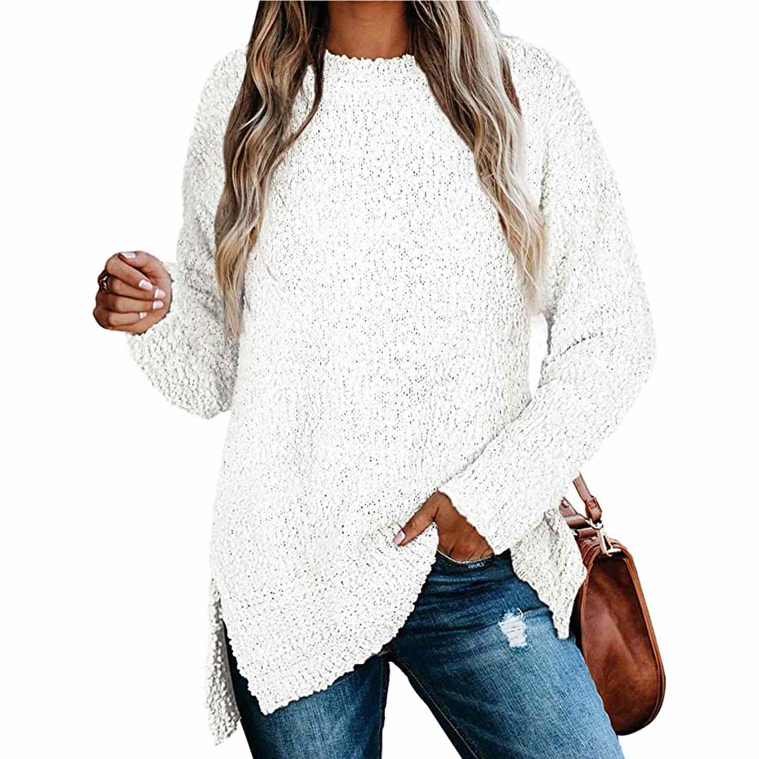 FANSIC Women Solid Color Crew Neck Casual Long Sleeve Pullover Tunic Top with Pockets