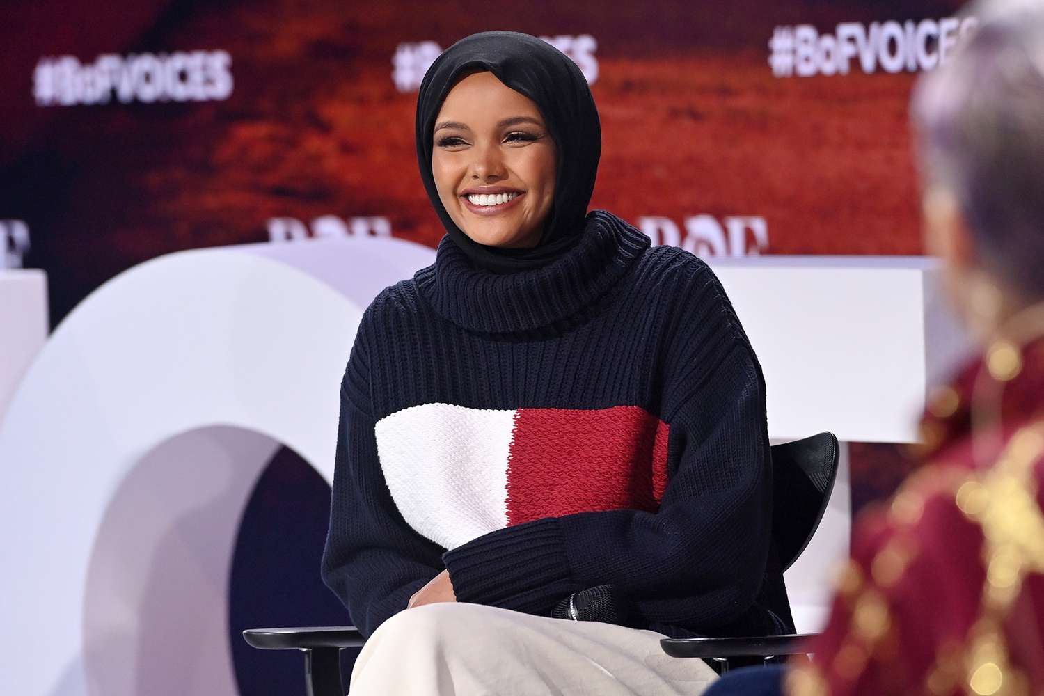 OXFORDSHIRE, ENGLAND - DECEMBER 02: Halima Aden speaks during BoF VOICES 2021 at Soho Farmhouse on December 02, 2021 in Oxfordshire, England. (Photo by Samir Hussein/Getty Images for BoF VOICES)