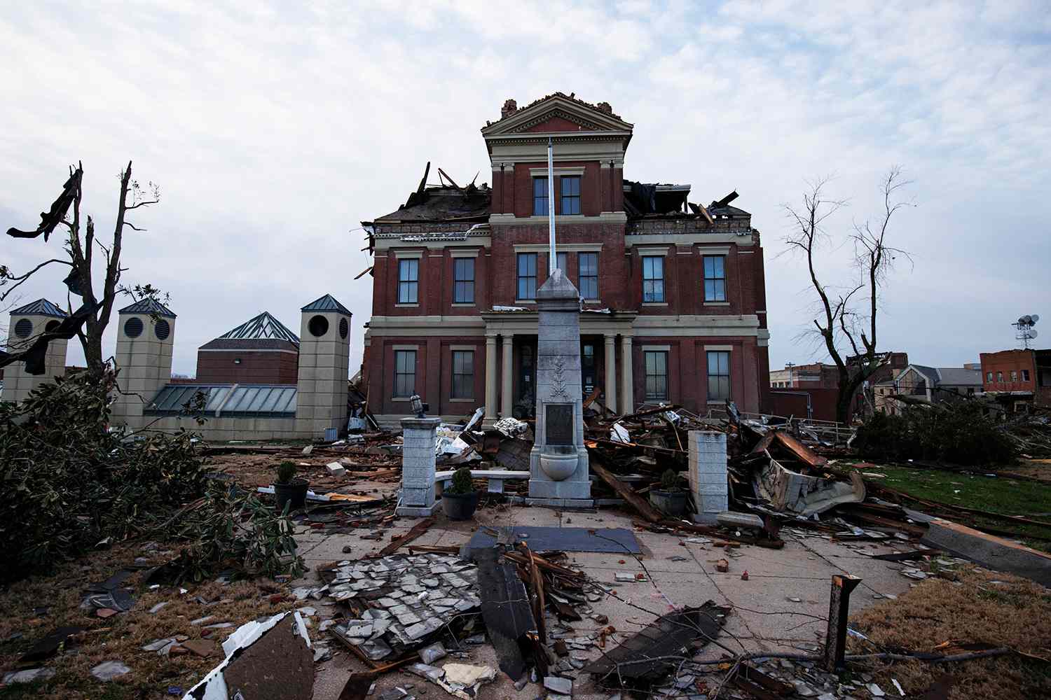 General view of the heavily tornado damaged courthouse on December 11, 2021 in Mayfield, Kentucky. Multiple tornadoes tore through parts of the lower Midwest late on Friday night leaving a large path of destruction and unknown fatalities.