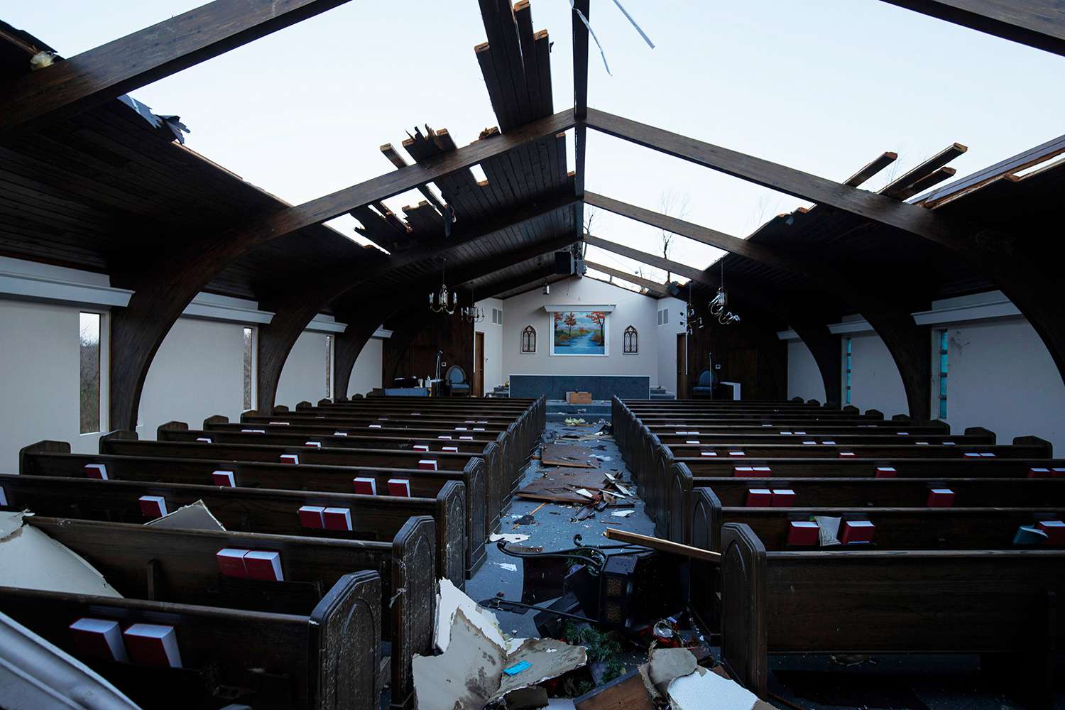 Interior view of tornado damage to Emmanuel Baptist Church on December 11, 2021 in Mayfield, Kentucky. Multiple tornadoes tore through parts of the lower Midwest late on Friday night, leaving a large path of destruction.