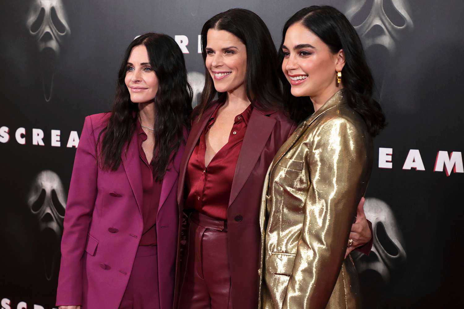 Courteney Cox, Neve Campbell and Melissa Barrera attend the Paramount Pictures and Spyglass Media Group's "SCREAM" photo call at the Four Seasons Hotel in Beverly Hills, CA on Friday, January 7, 2022.