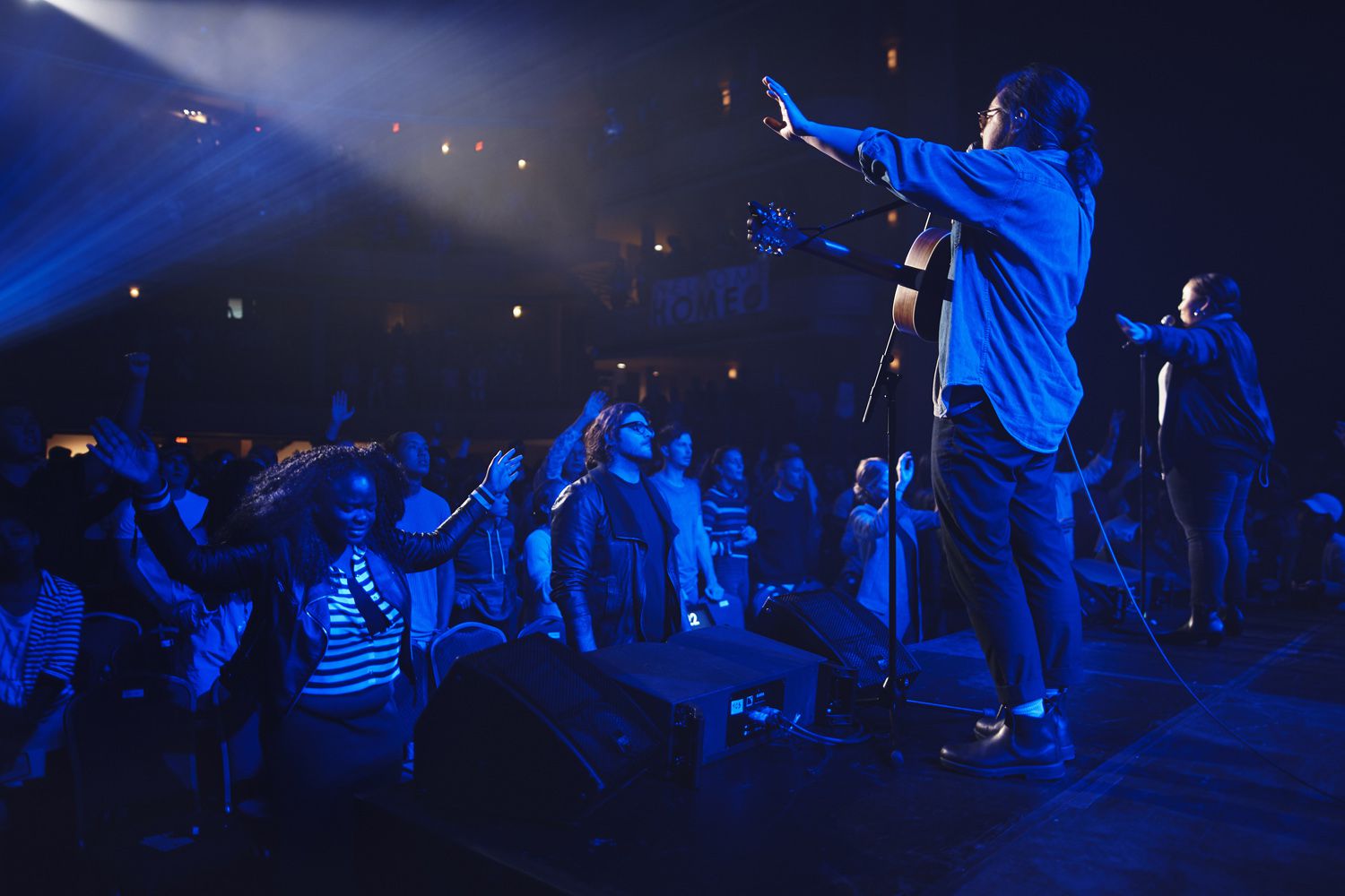 people pray during a service at Hillsong Church in New York