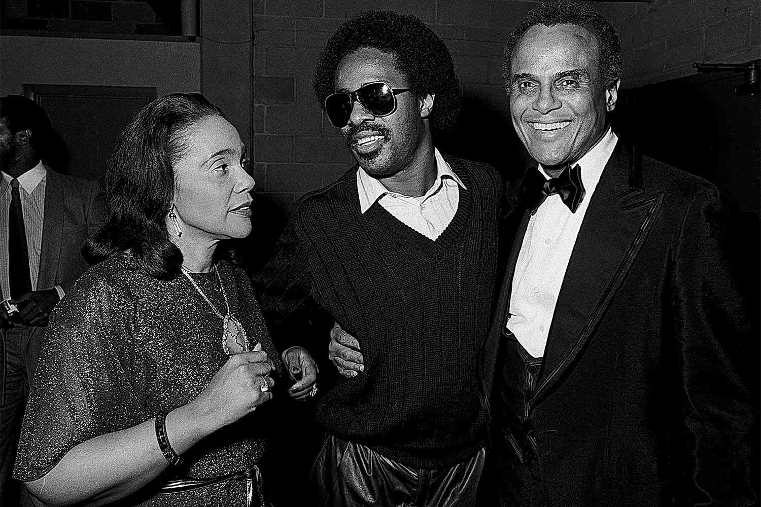 ATLANTA JANUARY 01: Coretta Scott King, Stevie Wonder and Harry Belafonte during M.L.K Gala at The Atlanta Civic Center in Atlanta Georgia, January 01, 1982 (Photo by Rick Diamond/Getty Images