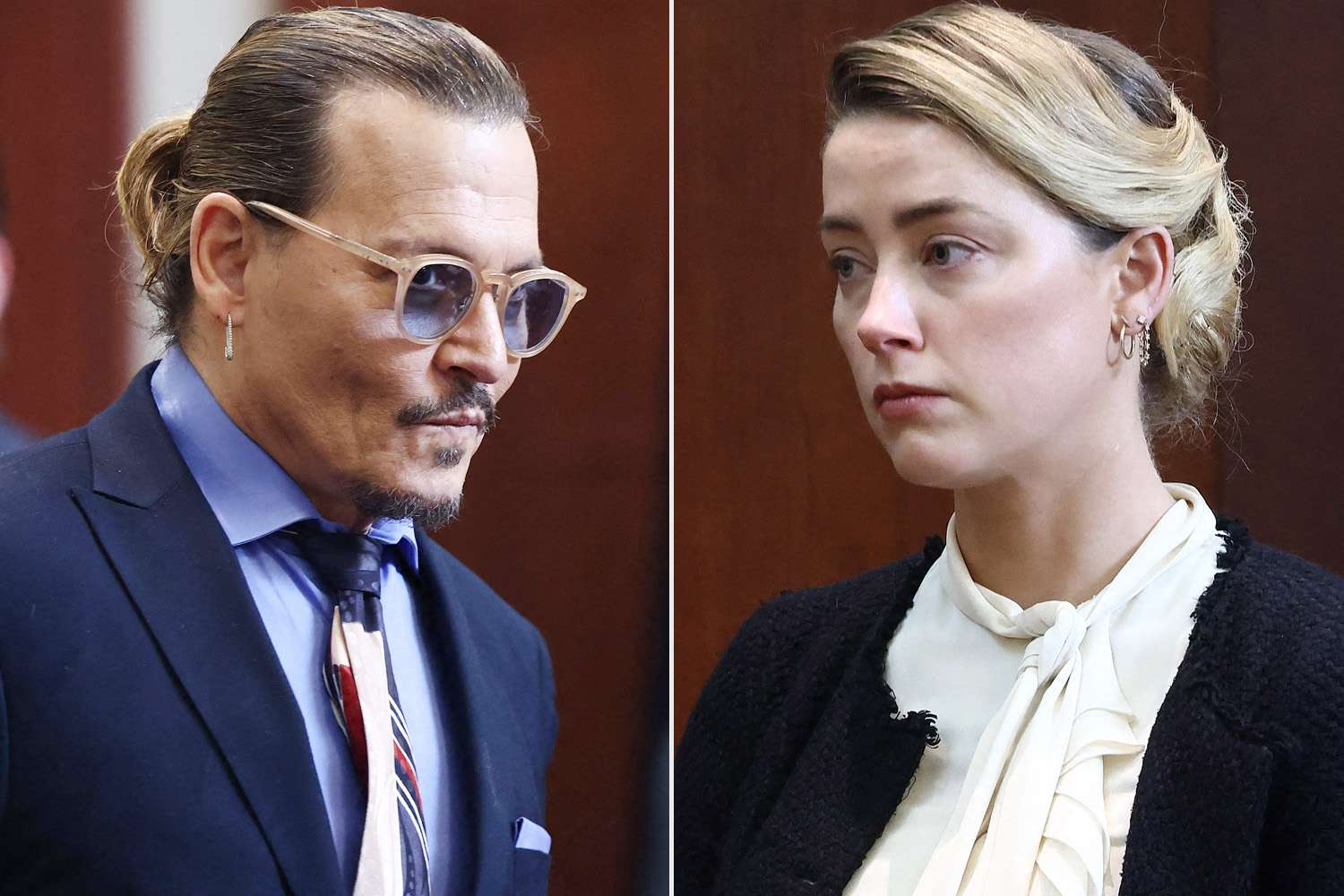 Johnny Depp leaves for a recess at the Fairfax County Circuit Courthouse in Fairfax, Virginia, on May 5, 2022. - Actor Johnny Depp is suing ex-wife Amber Heard for libel after she wrote an op-ed piece in The Washington Post in 2018 referring to herself as a public figure representing domestic abuse. (Photo by Jim LO SCALZO / POOL / AFP) (Photo by JIM LO SCALZO/POOL/AFP via Getty Images); Amber Heard (L) testifies as US actor Johnny Depp looks on during a defamation trial at the Fairfax County Circuit Courthouse in Fairfax, Virginia, on May 5, 2022. - Actor Johnny Depp is suing ex-wife Amber Heard for libel after she wrote an op-ed piece in The Washington Post in 2018 referring to herself as a public figure representing domestic abuse. (Photo by Jim LO SCALZO / POOL / AFP) (Photo by JIM LO SCALZO/POOL/AFP via Getty Images)
