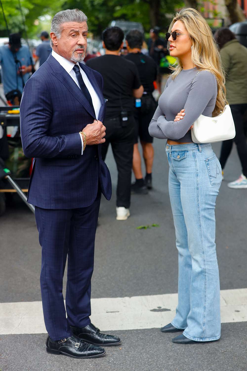 Sylvester Stallone and his daughter Sophia Rose Stallone are seen on the film set of the 'Tulsa King' TV Series in New York City.