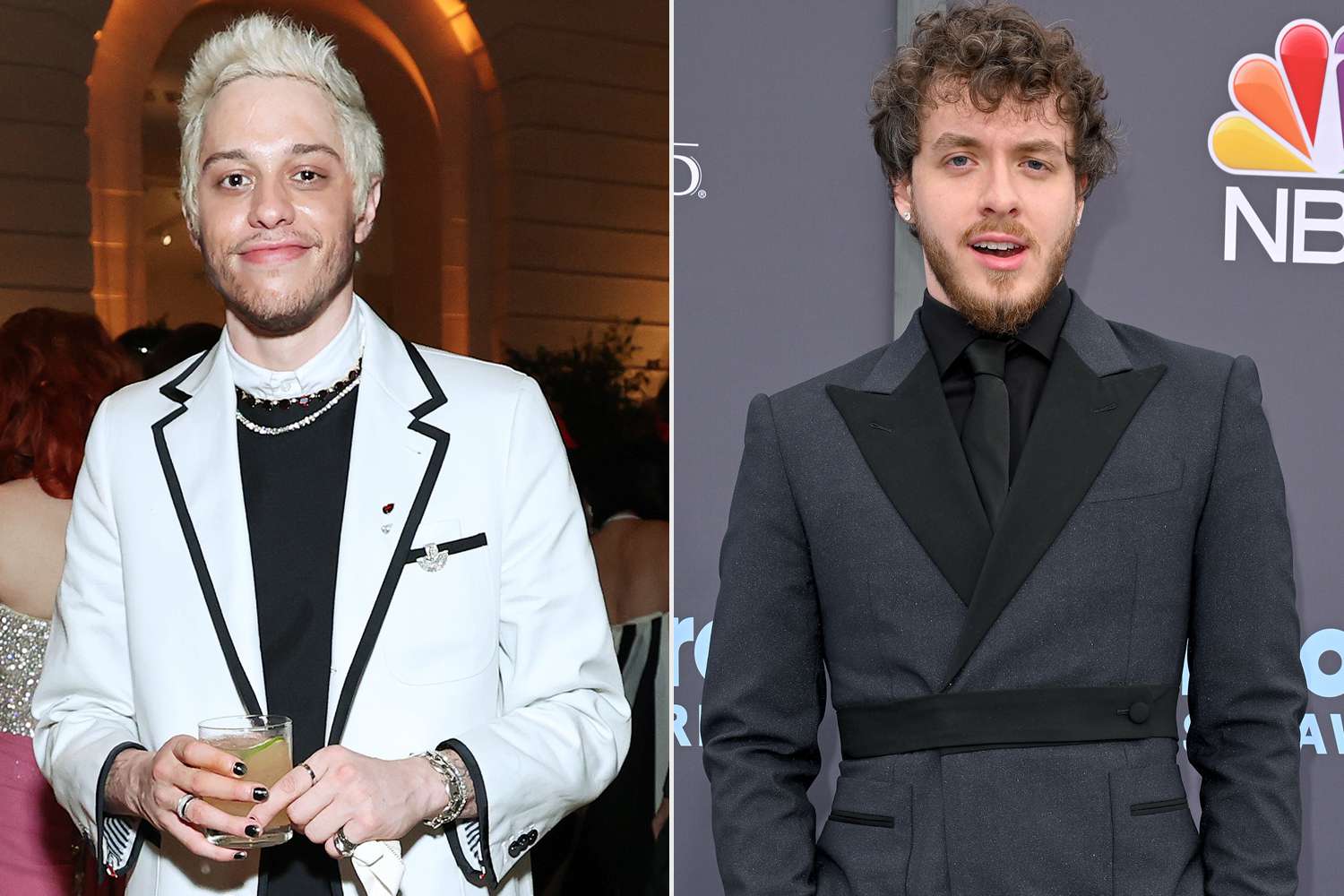 NEW YORK, NEW YORK - SEPTEMBER 13: (EXCLUSIVE COVERAGE) Pete Davidson attends the The 2021 Met Gala Celebrating In America: A Lexicon Of Fashion at Metropolitan Museum of Art on September 13, 2021 in New York City. (Photo by Cindy Ord/MG21/Getty Images for The Met Museum/Vogue ); LAS VEGAS, NEVADA - MAY 15: Jack Harlow attends the 2022 Billboard Music Awards at MGM Grand Garden Arena on May 15, 2022 in Las Vegas, Nevada. (Photo by Axelle/Bauer-Griffin/FilmMagic)