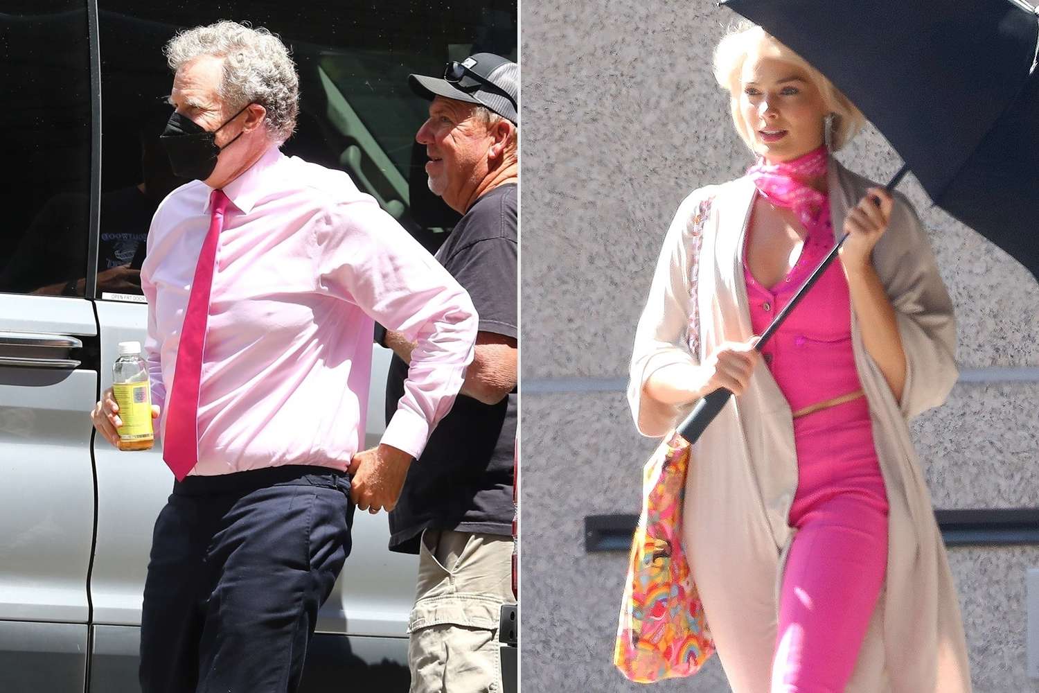 Los Angeles, CA - Will Ferrell llega al plató de la próxima película "Barbie"  rodaje de la película en Los Ángeles.  Vemos a Will vestido con una camisa rosa y corbata mientras se dirige al set de filmación.  Margot se esconde debajo de un paraguas negro, pero vislumbramos su atuendo rosa de Barbie.  En la foto: Will Ferrell BACKGRID EE.UU. 26 JUNIO 2022 EE.UU.: +1 310 798 9111 / usasales@backgrid.com Reino Unido: +44 208 344 2007 / uksales@backgrid.com *clientes del Reino Unido - Imágenes que contengan niños por favor pixelar la cara antes de la publicación*;  Los Angeles, CA - Margot Robbie hace su camino hacia el set de la próxima película de "Barbie"  película con el característico look rosa de Barbie.  En la foto: Margot Robbie BACKGRID USA 26 JUNIO 2022 USA: +1 310 798 9111 / usasales@backgrid.com UK: +44 208 344 2007 / uksales@backgrid.