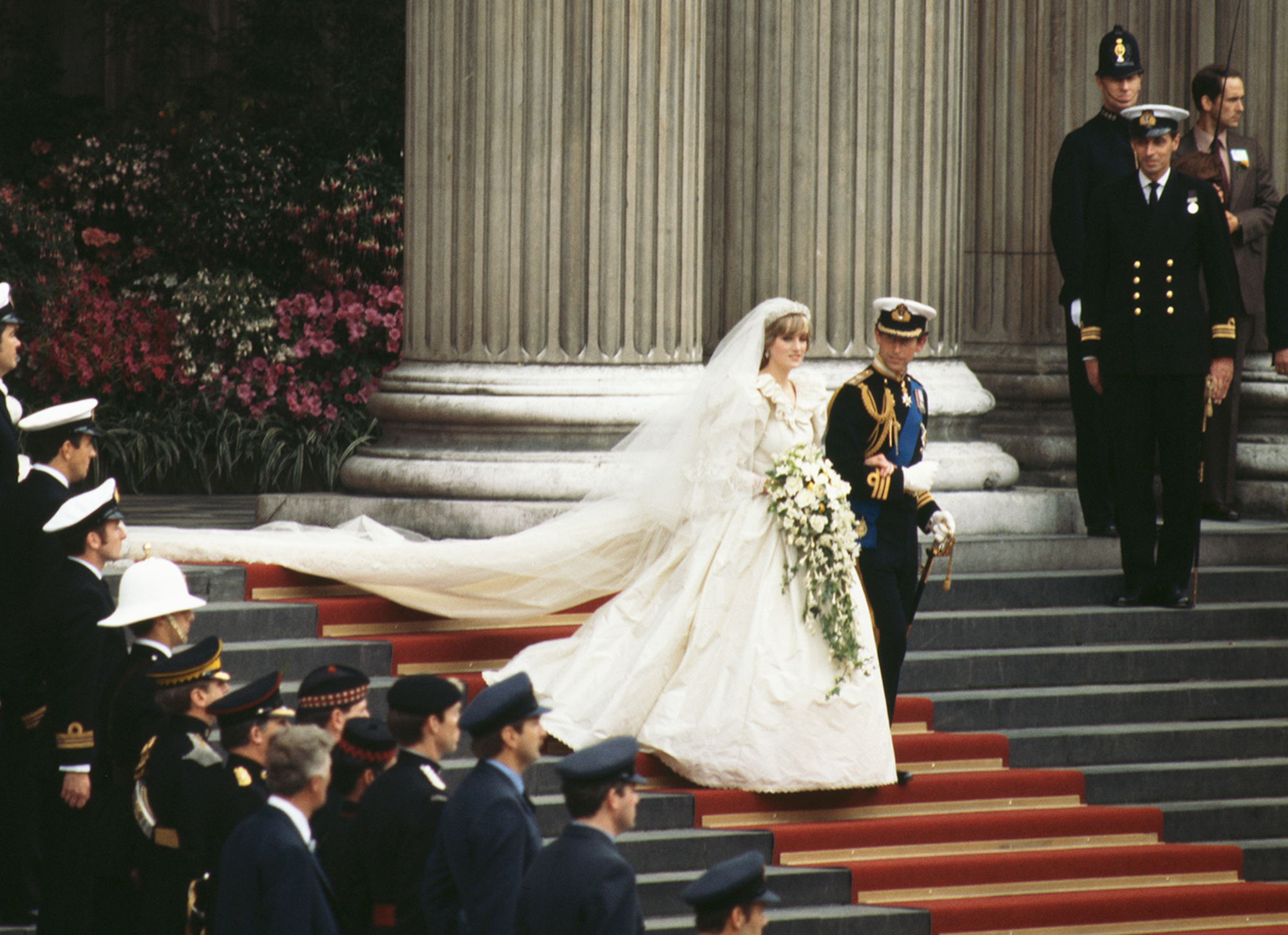 The Prince and Princess of Wales leave St Paul's Cathedral after their wedding, 29th July 1981