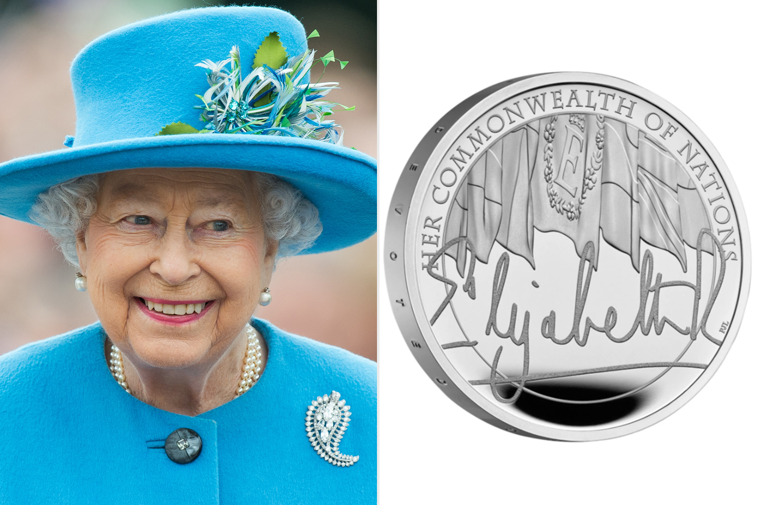 Queen Elizabeth II tours Queen Mother Square on October 27, 2016 in Poundbury, Dorset. Queen Elizabeth signature coin