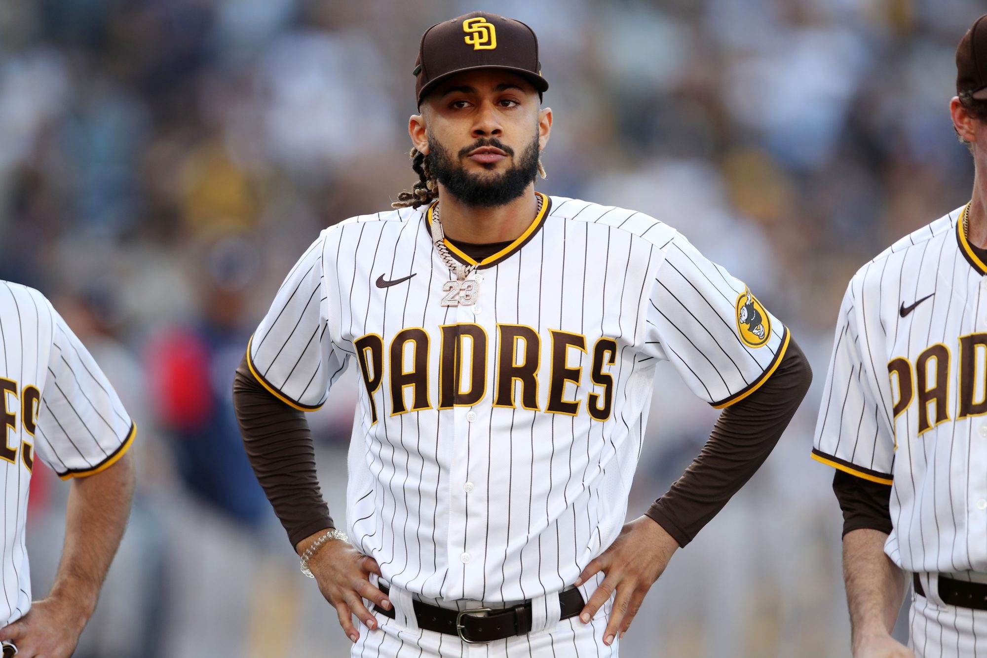 SAN DIEGO, CA - APRIL 14: Fernando Tatis Jr. #23 of the San Diego Padres is introduced before the game between the Atlanta Braves and the San Diego Padres at Petco Park on Thursday, April 14, 2022 in San Diego, California. (Photo by Rob Leiter/MLB Photos via Getty Images)
