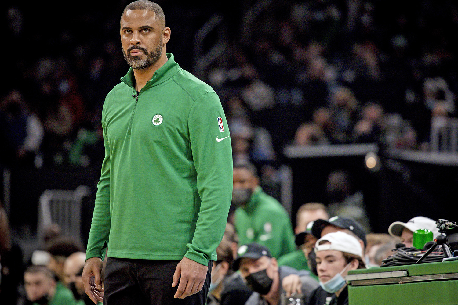 BOSTON, MASSACHUSETTS - DECEMBER 17: Head Coach Ime Udoka looks on during the second half against the Golden State Warriors at TD Garden on December 17, 2021 in Boston, Massachusetts. NOTE TO USER: User expressly acknowledges and agrees that, by downloading and or using this photograph, User is consenting to the terms and conditions of the Getty Images License Agreement. (Photo by Maddie Malhotra/Getty Images)