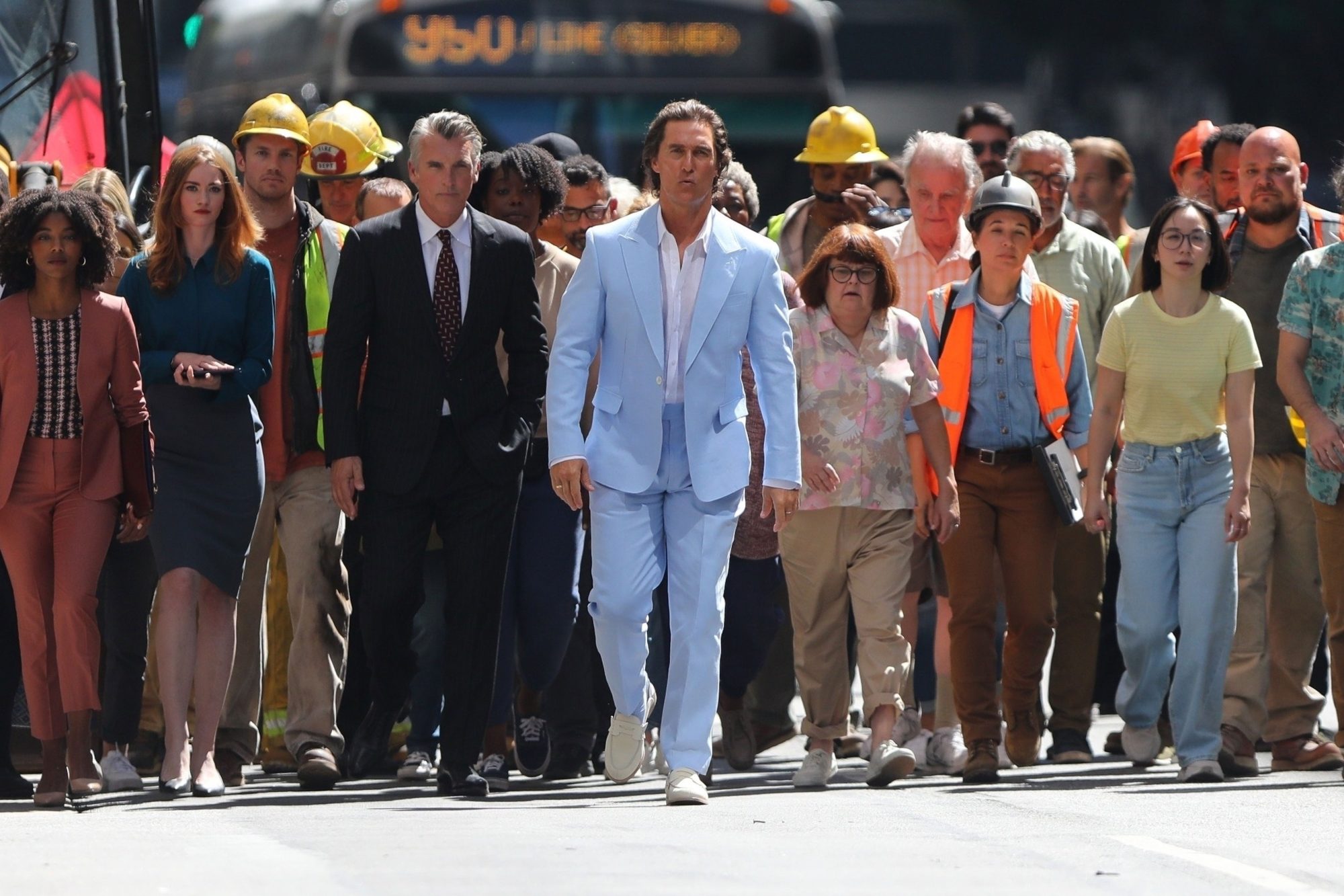 Los Angeles, CA - *EXCLUSIVE* - Actor Matthew McConaughey is back in front of the camera filming an untitled project. Matthew, dressed in a baby blue suit, leads a mob of people through the streets of Downtown Los Angeles as the cameras roll. Pictured: Matthew McConaughey BACKGRID USA 24 SEPTEMBER 2022 USA: +1 310 798 9111 / usasales@backgrid.com UK: +44 208 344 2007 / uksales@backgrid.com *UK Clients - Pictures Containing Children Please Pixelate Face Prior To Publication*