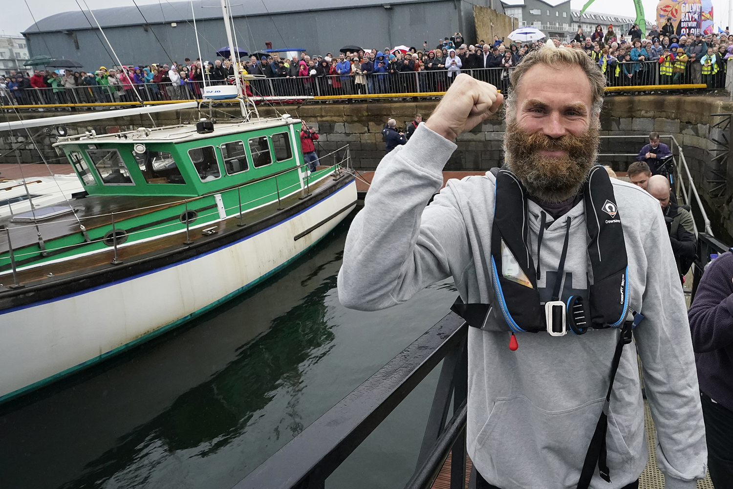 Galway, United Kingdom: Former professional rugby player Damian Browne arrives in Galway after becoming the first person to row from New York to Galway at sea.