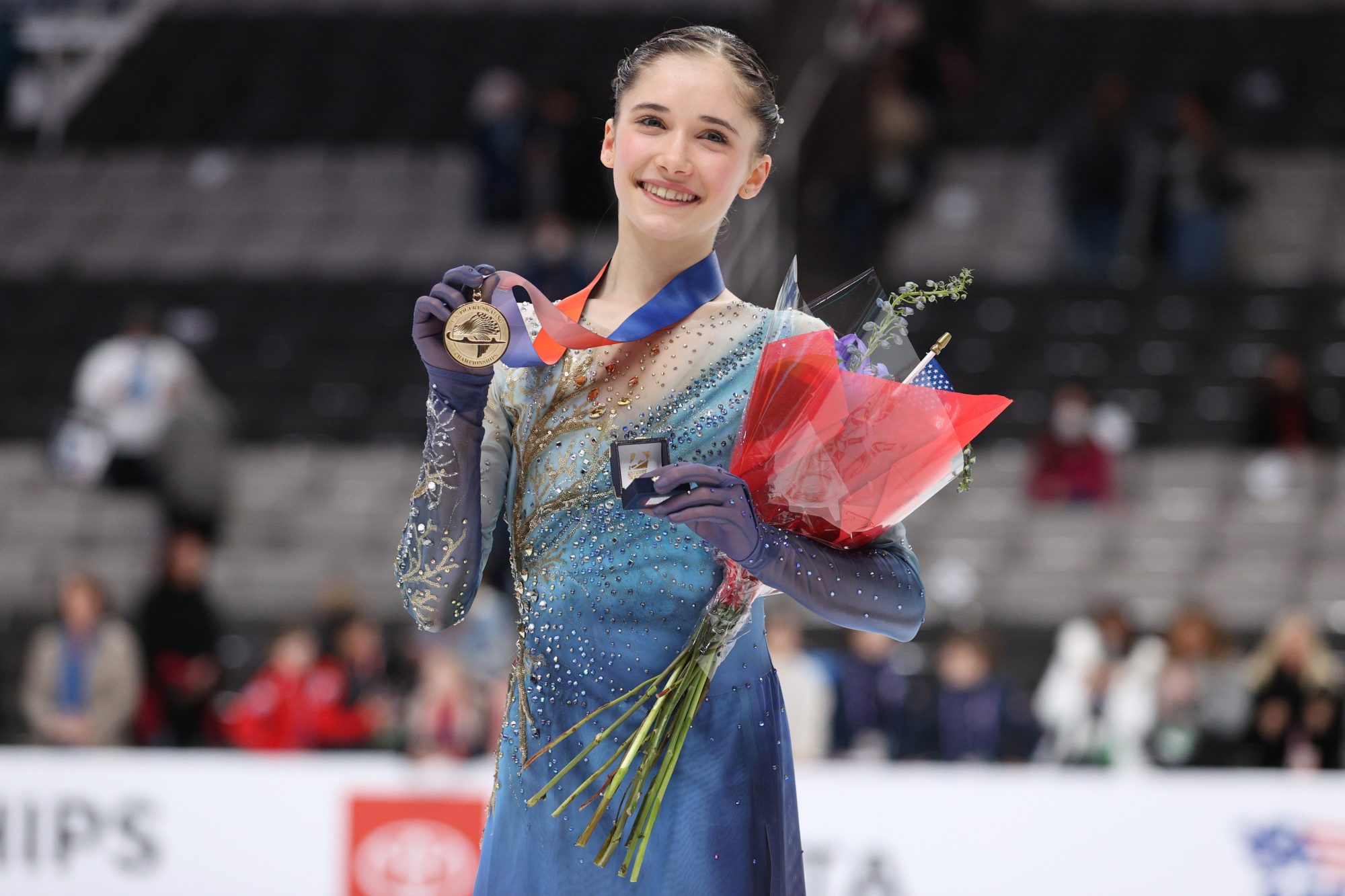 SAN JOSE, CALIFORNIA - JANUARY 27: Isabeau Levito poses with her gold medal after winning the Women's Singles Championship on day two of the 2023 TOYOTA U.S. Figure Skating Championships at SAP Center on January 27, 2023 in San Jose, California. (Photo by Ezra Shaw/Getty Images)
