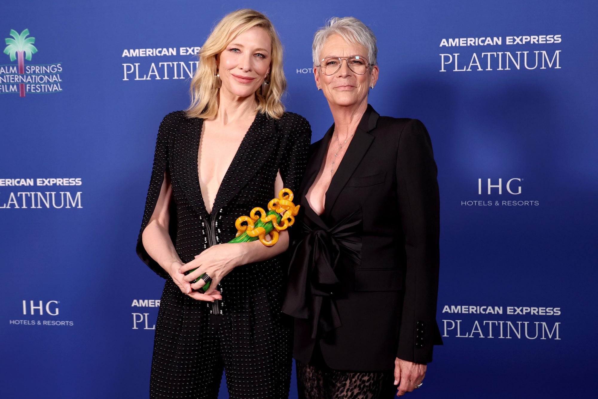 PALM SPRINGS, CALIFORNIA - JANUARY 05: (L-R) Cate Blanchett, winner of the Desert Palm Achievement Award, and Jamie Lee Curtis pose backstage during the 34th Annual Palm Springs International Film Awards at Palm Springs Convention Center on January 05, 2023 in Palm Springs, California. (Photo by Amy Sussman/Getty Images for Palm Springs International Film Society)