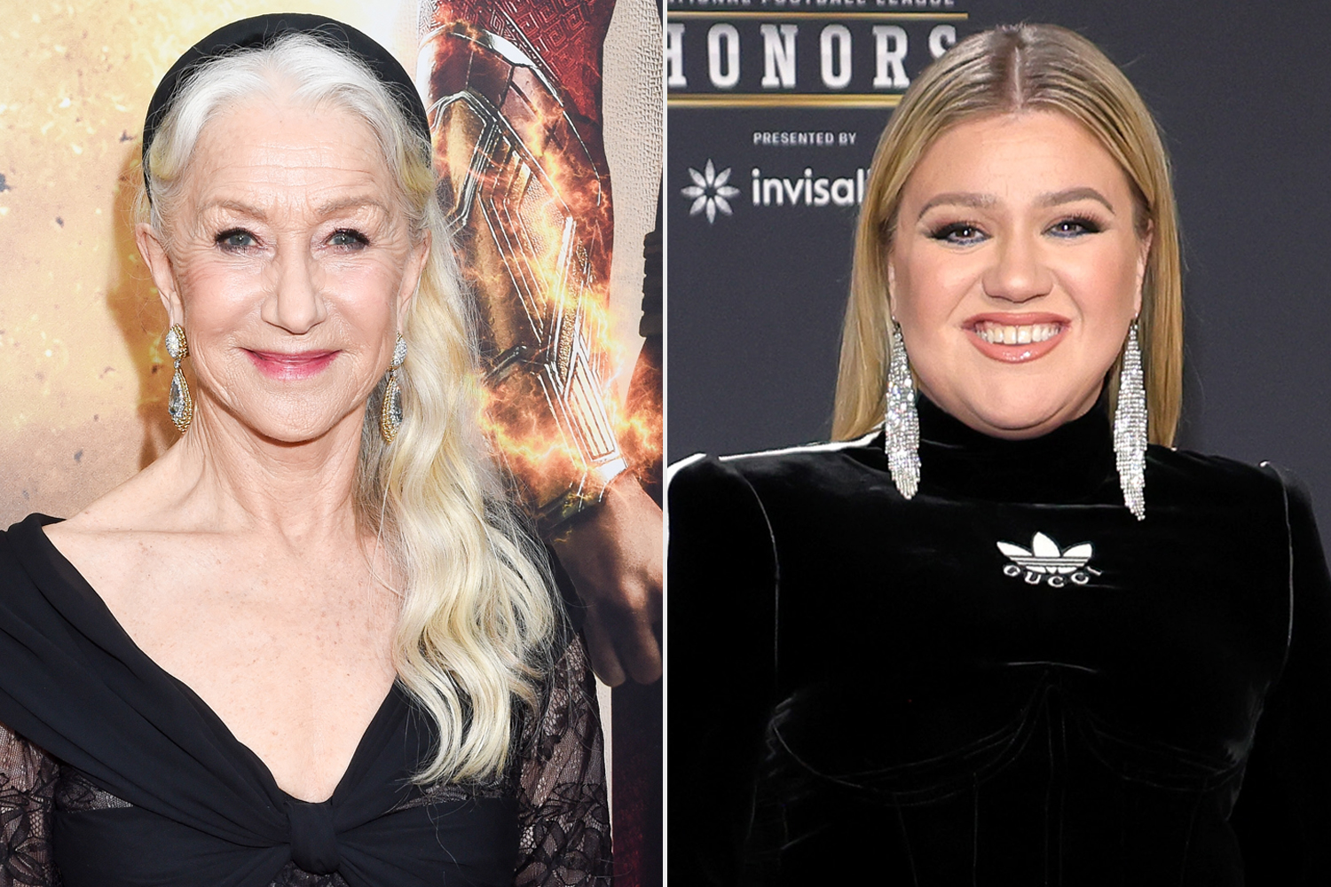 Helen Mirren at the premiere of "Shazam! Fury of the Gods" ; Kelly Clarkson attends the 12th annual NFL Honors