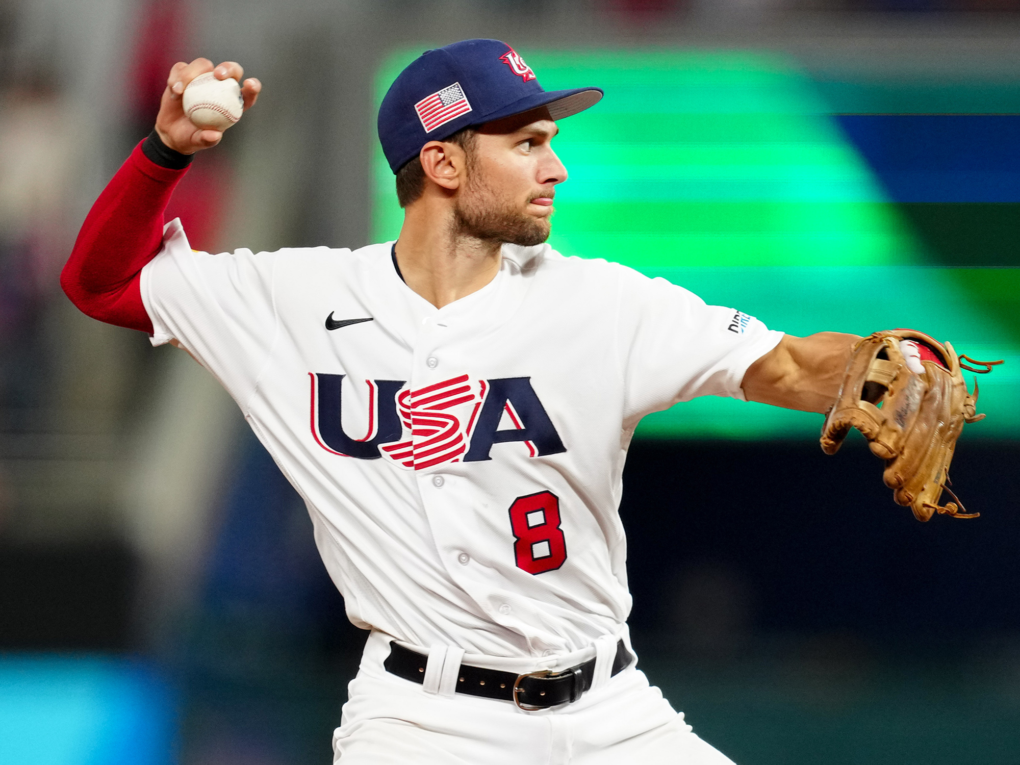 Trea Turner #8 of Team USA throws to first in the eighth inning during the 2023 World Baseball Classic Semifinal game between Team Cuba and Team USA at loanDepot Park on Sunday, March 19, 2023 in Miami, Florida